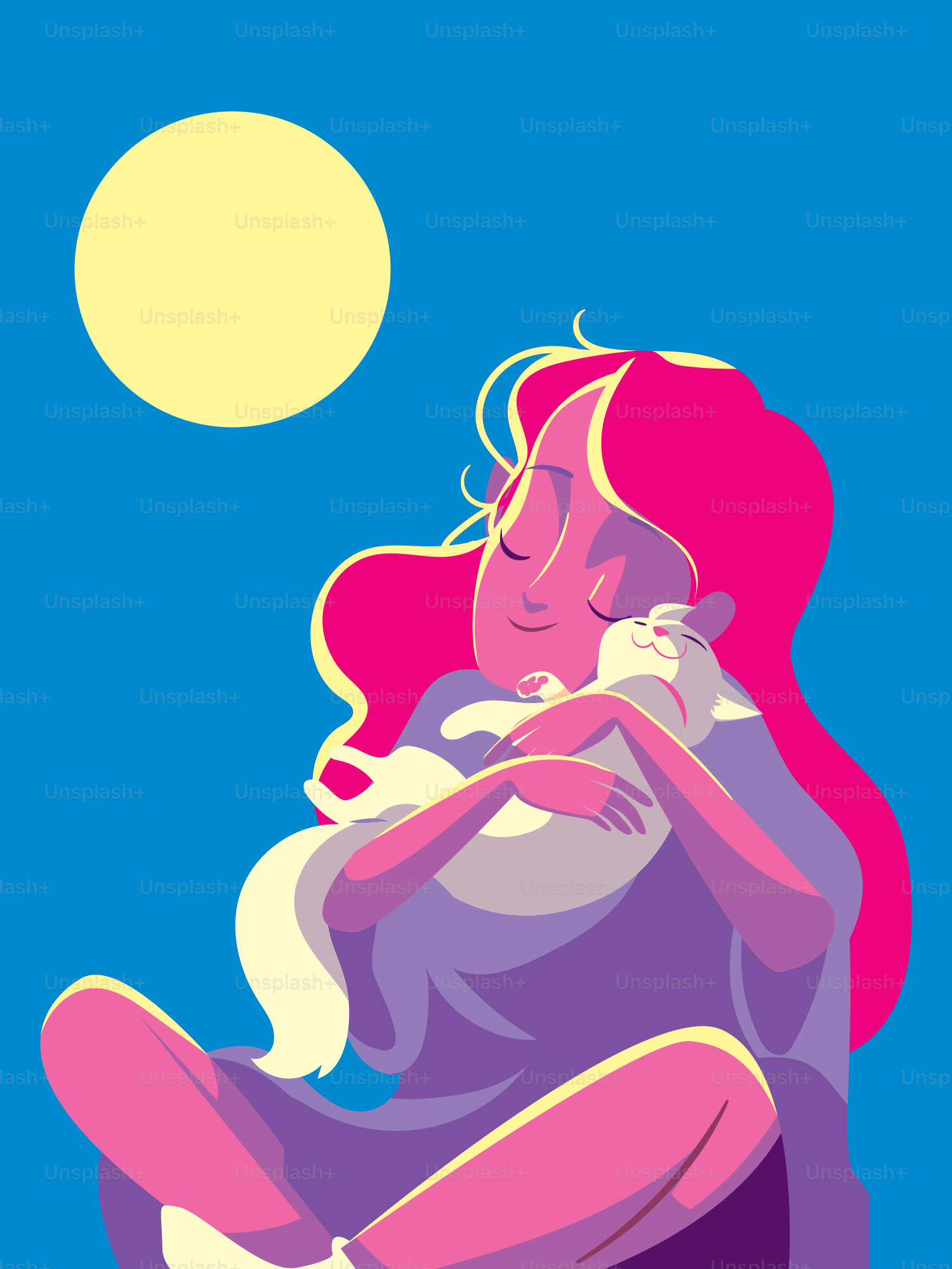 A woman sitting on the ground under a full moon