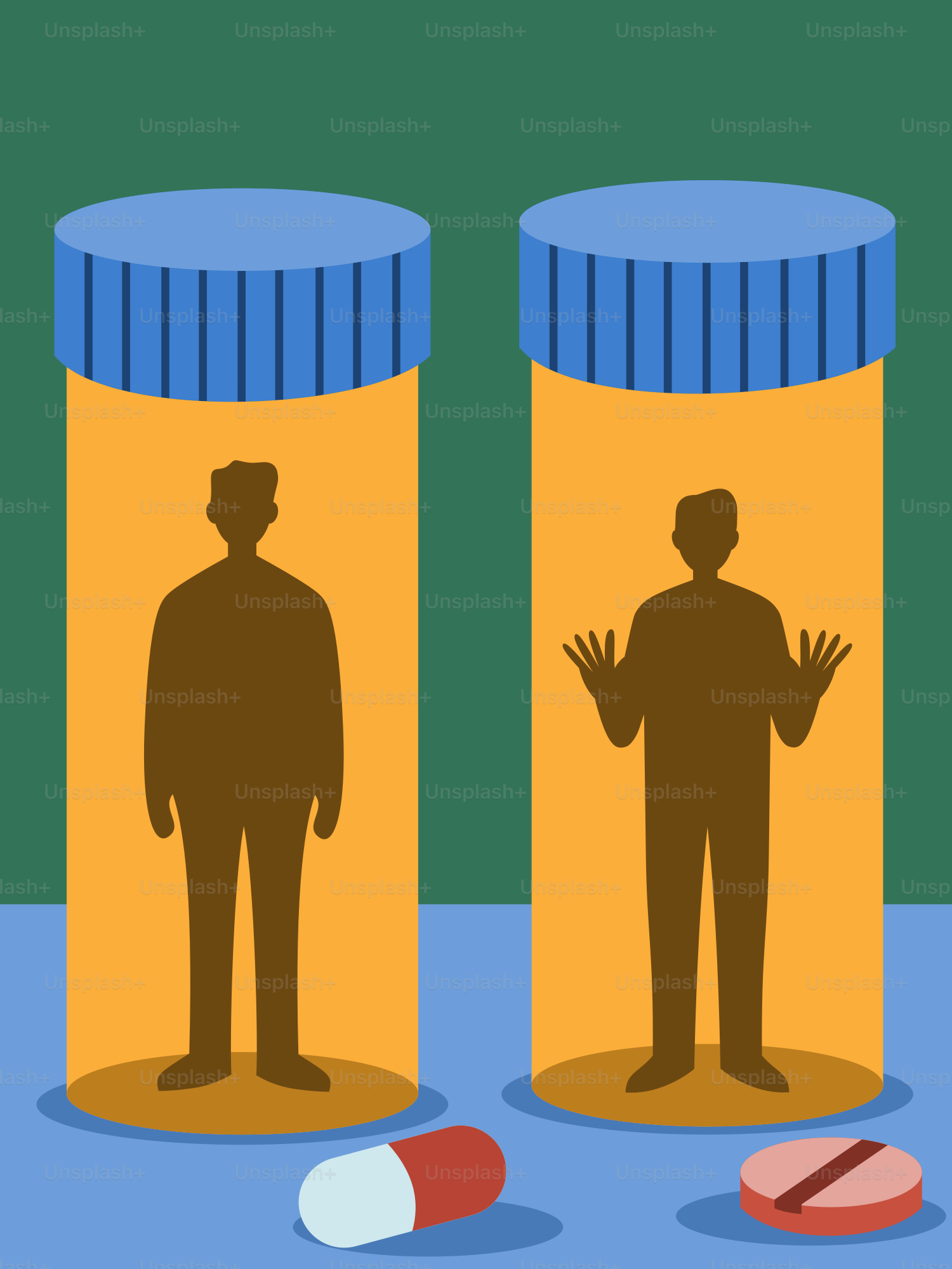 una coppia di persone in piedi davanti a due flaconi di pillole