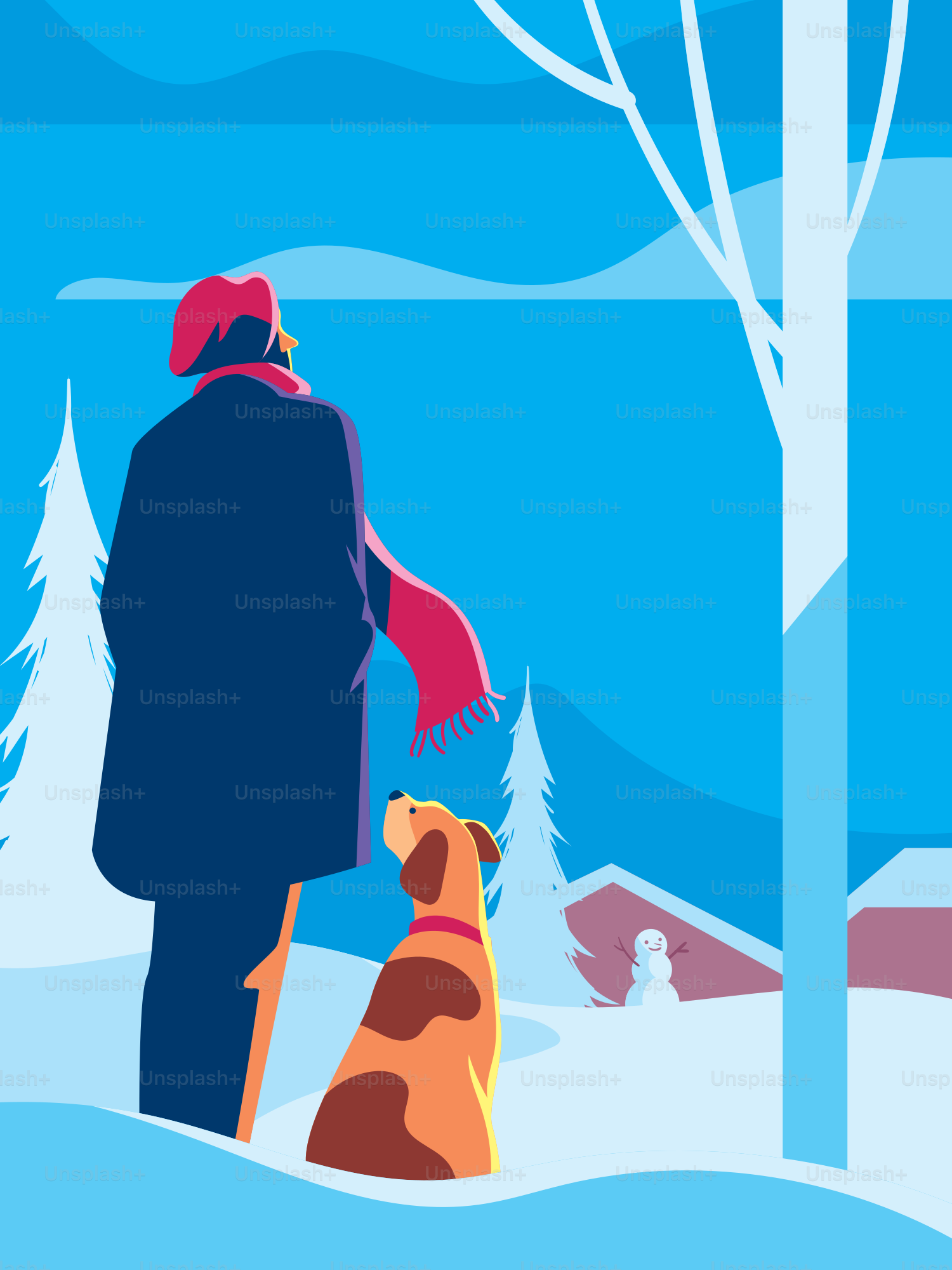 A man standing next to a dog in the snow