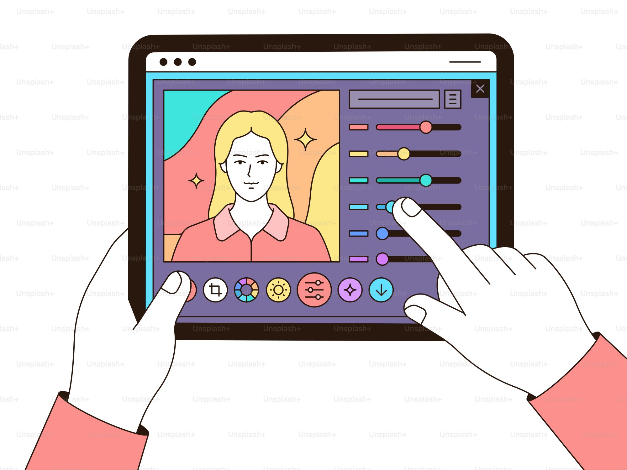 A person holding a tablet with a picture of a woman on the screen