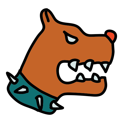 Un chien orange avec un collier vert et de grandes dents