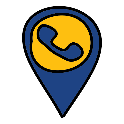 A blue and yellow pin with a phone on it
