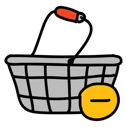 A basket with a red handle and a yellow button