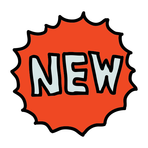 A red and white sticker with the word new on it