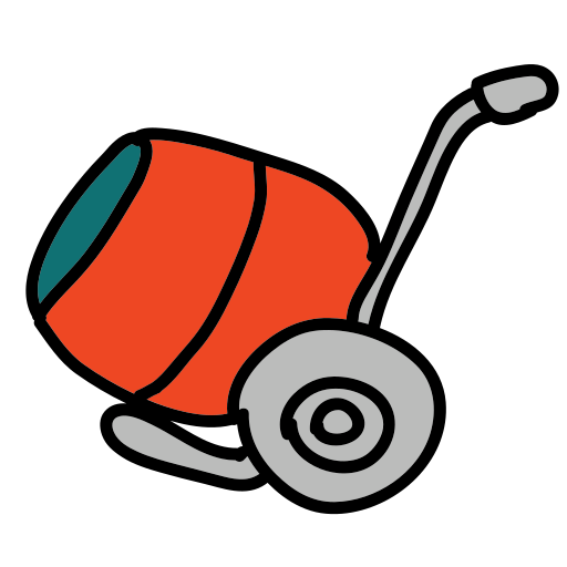 A red and gray cement mixer sitting on top of a white floor