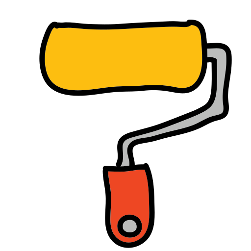A yellow paint roller with a red handle