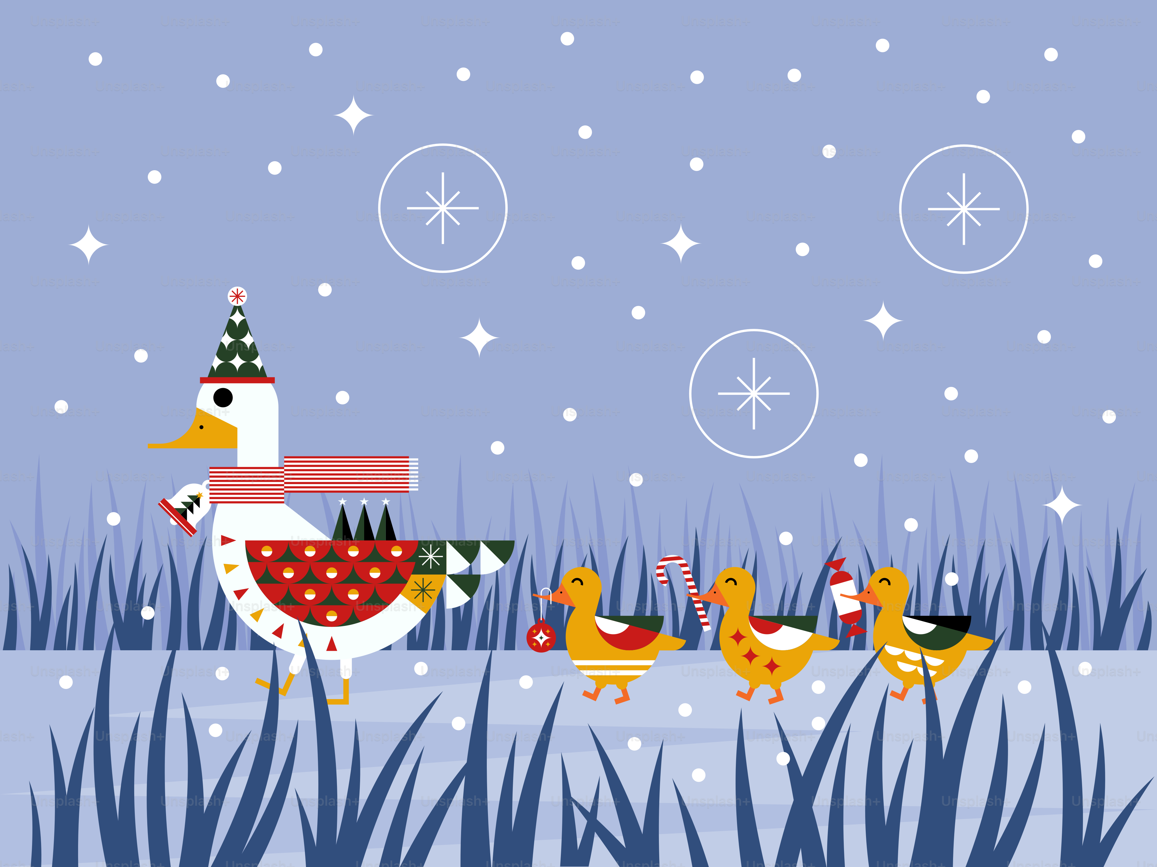 A group of ducks walking across a snow covered field