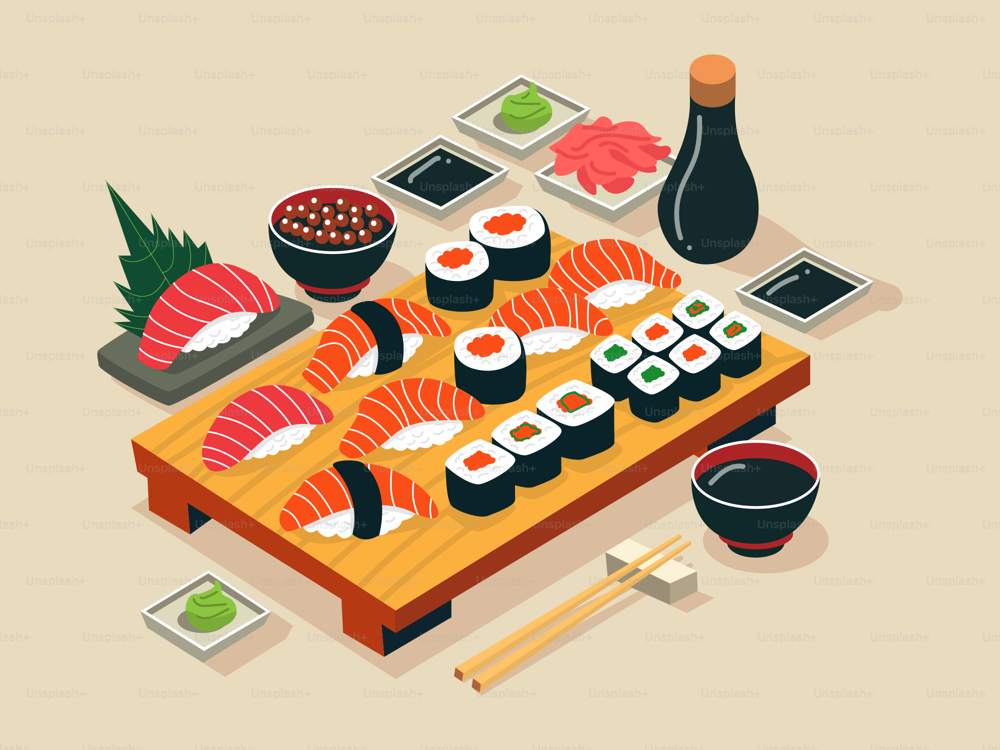 Un plateau de sushis avec des baguettes et une bouteille de vin