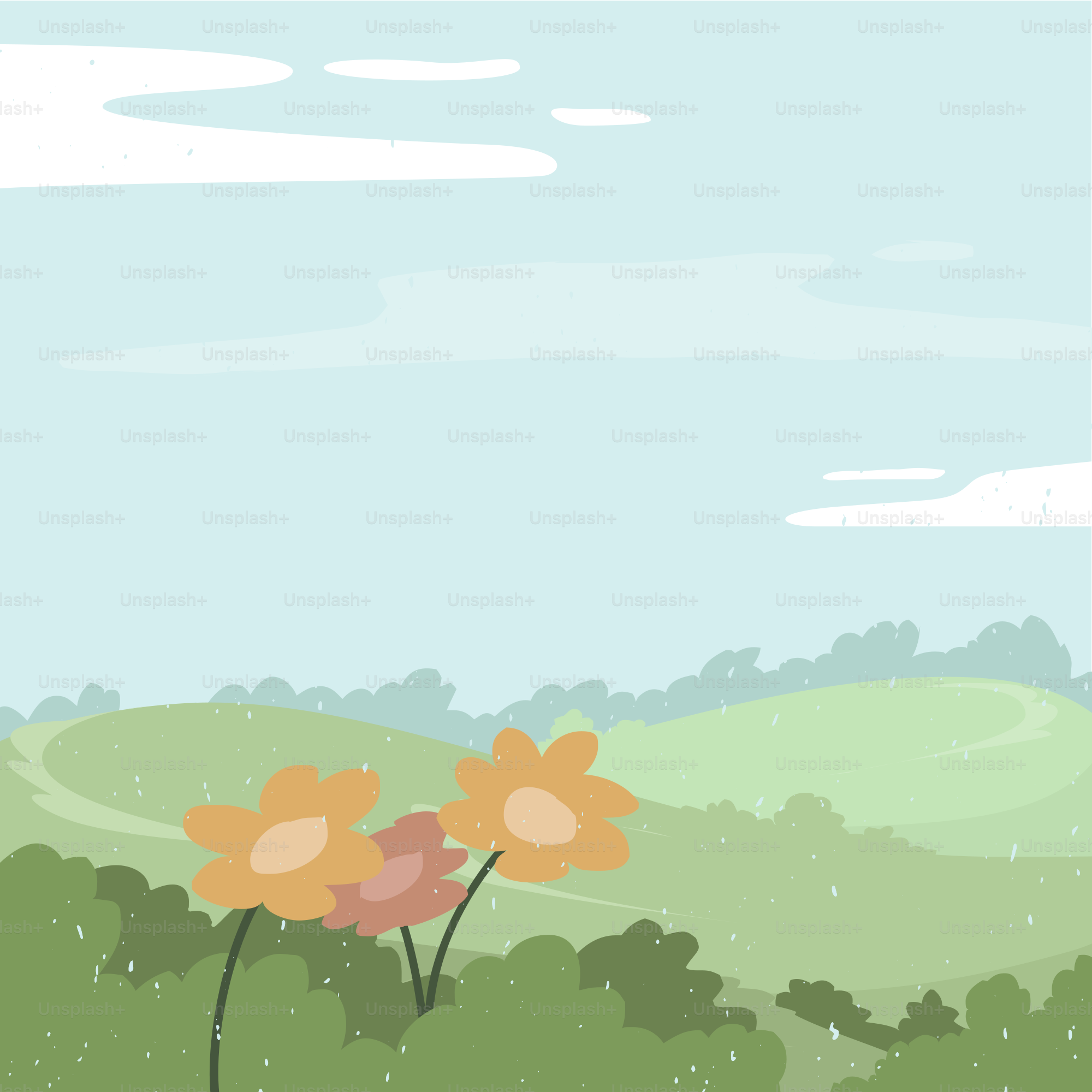 A painting of a field with flowers in the foreground