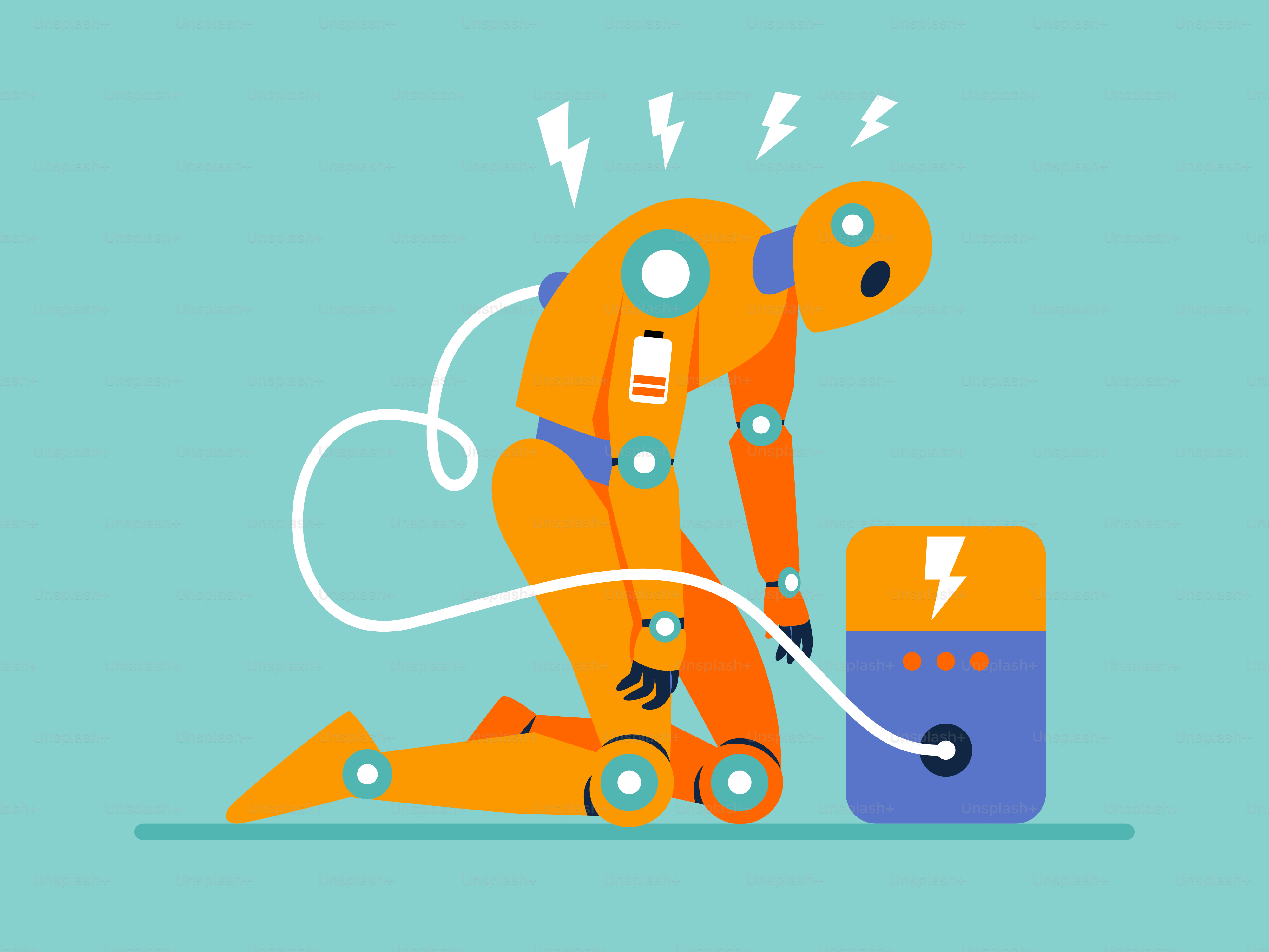 An orange robot is charging an electric car