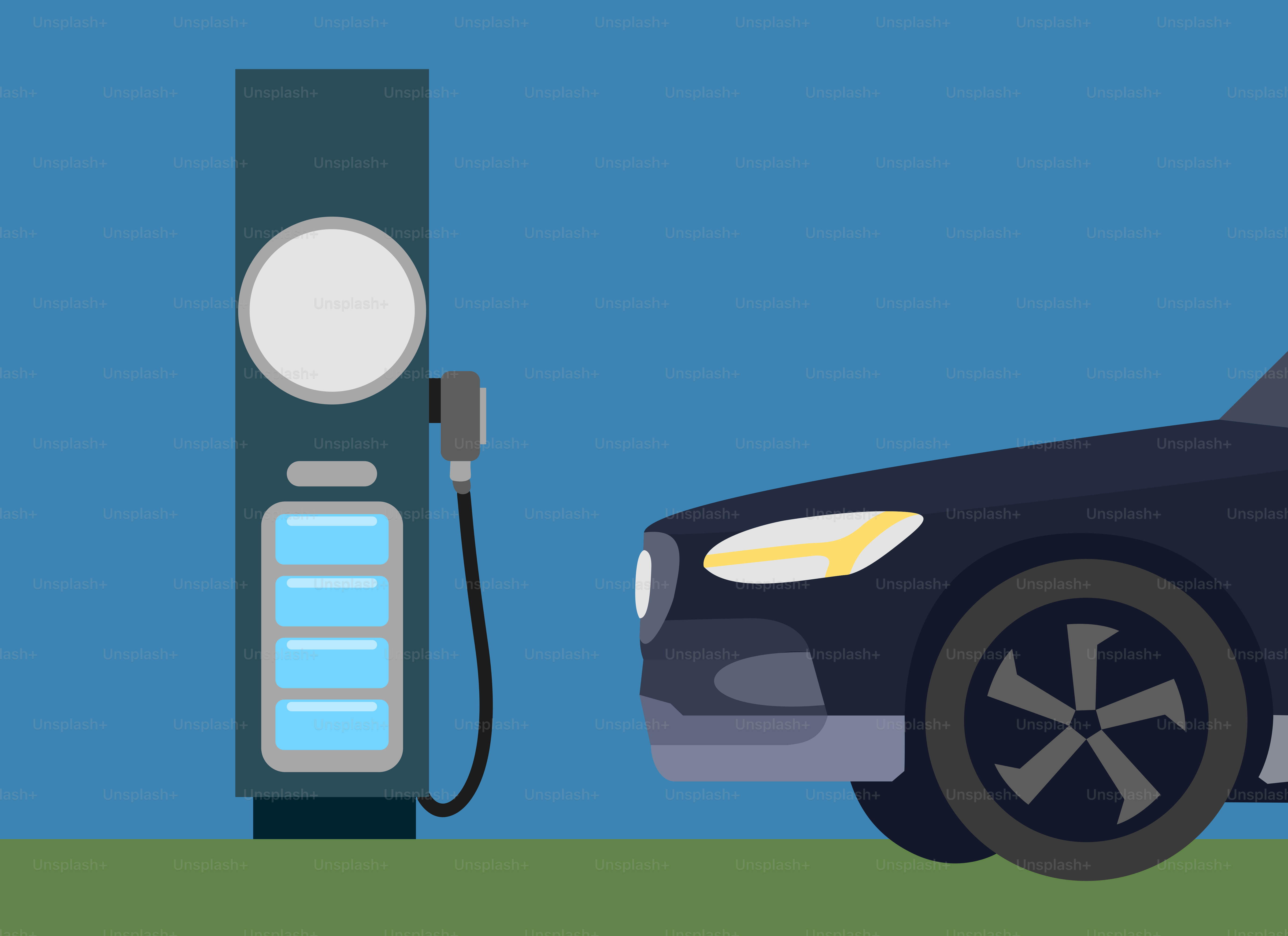 A car at a gas station with a gas pump