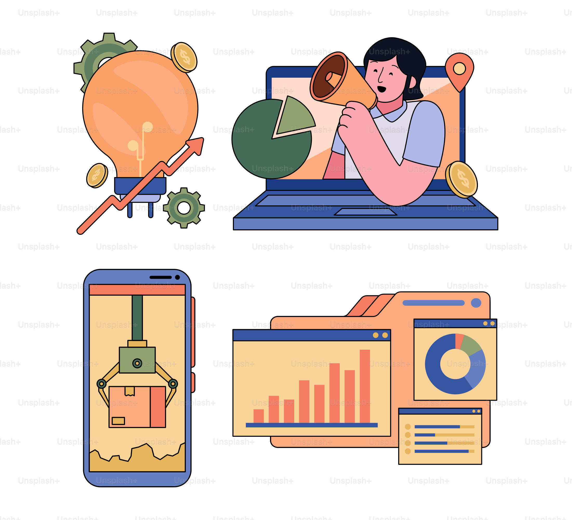 A woman is sitting on a laptop with various icons