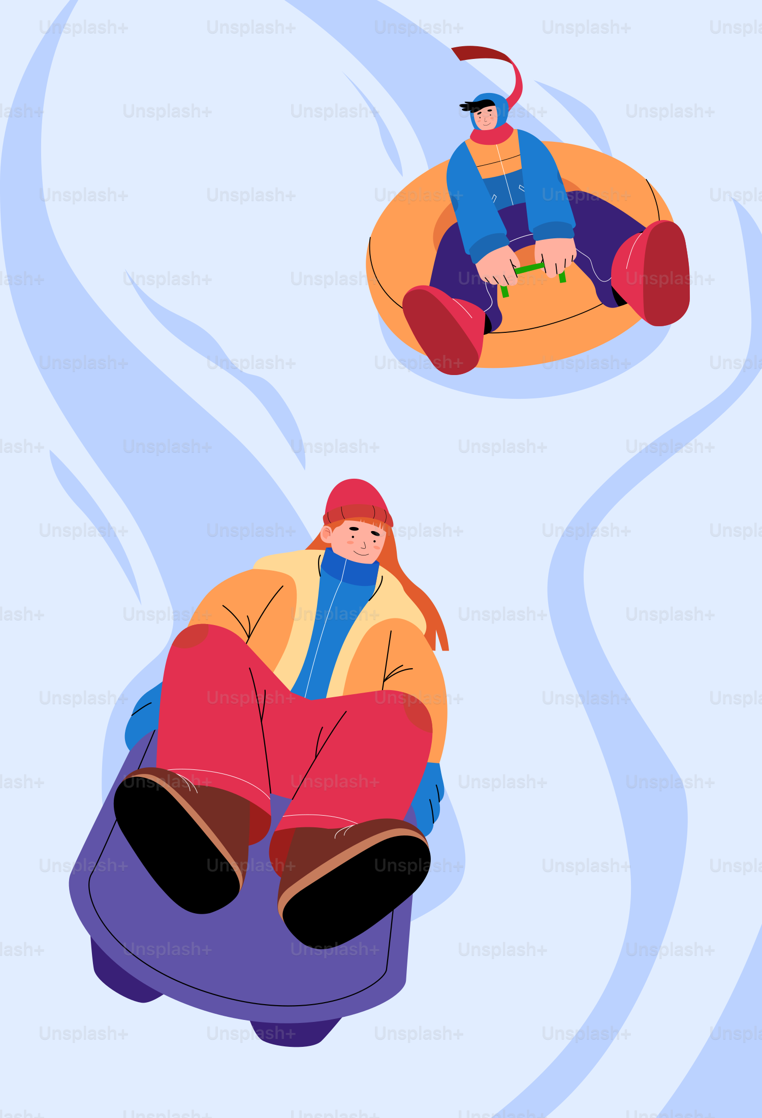 A couple of people sitting on inflatables in the snow