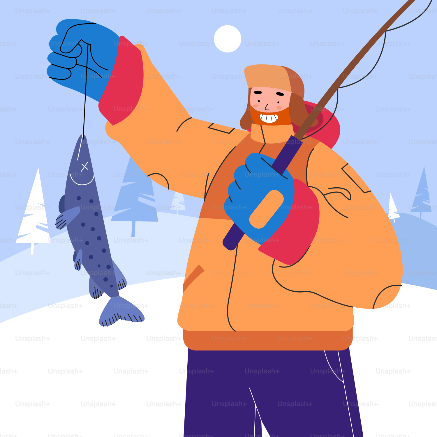 A man holding a fish while standing in the snow