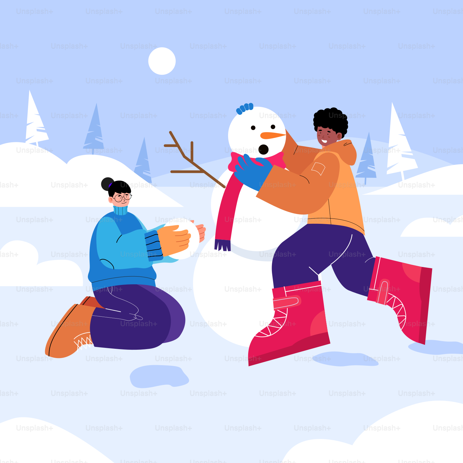Two people building a snowman in the snow