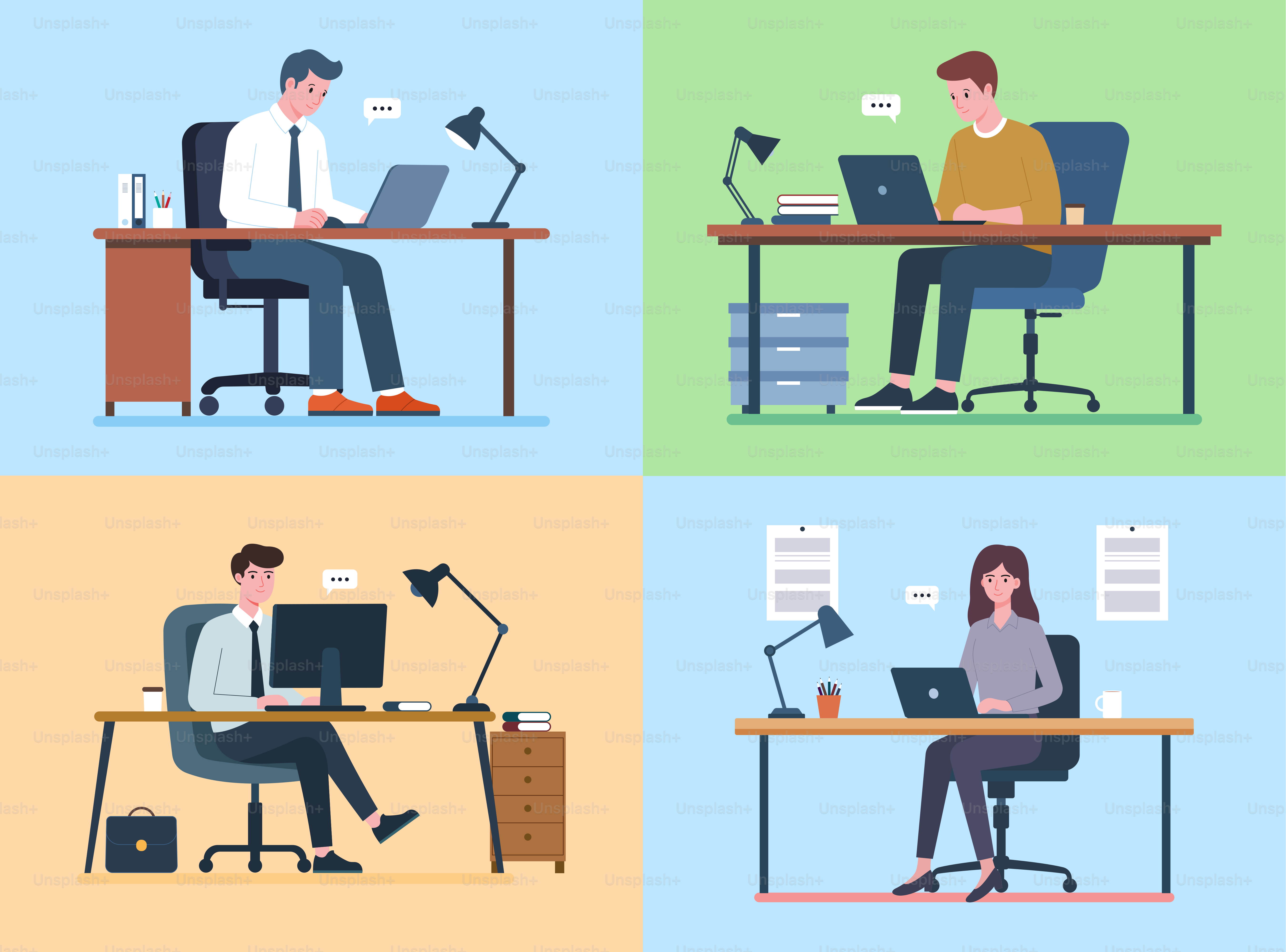 A man and a woman sitting at a desk working on laptops