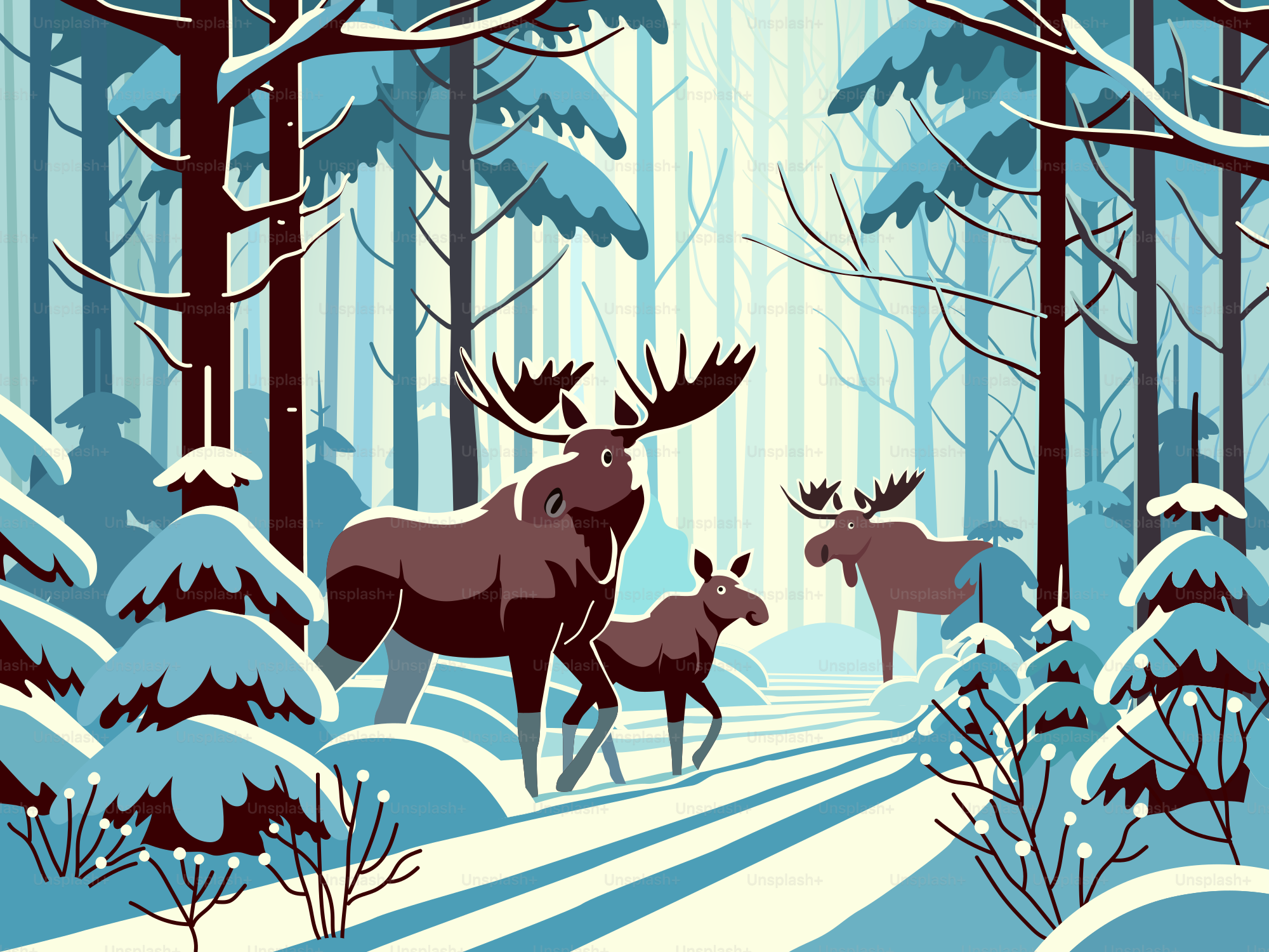 A couple of animals walking through a snow covered forest