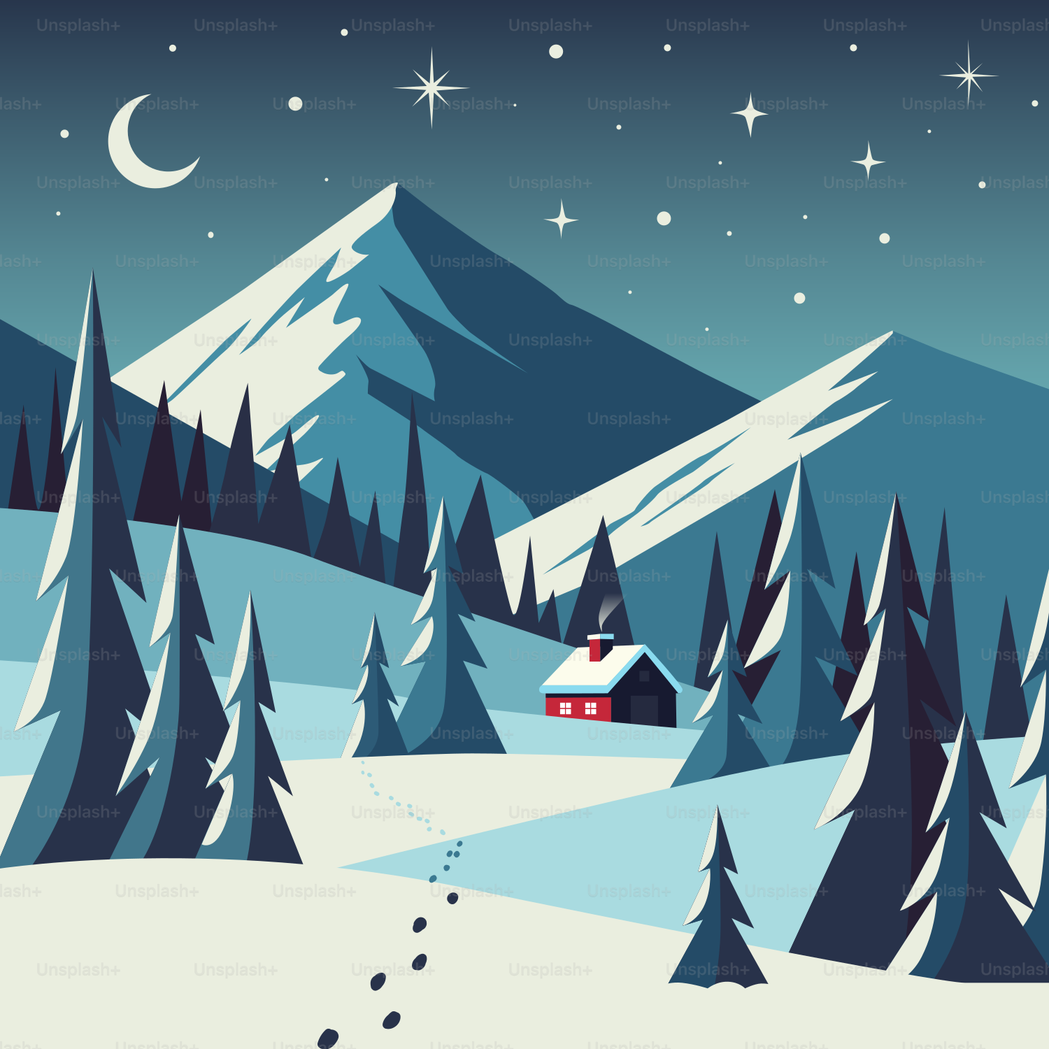 A snowy landscape with trees and a house