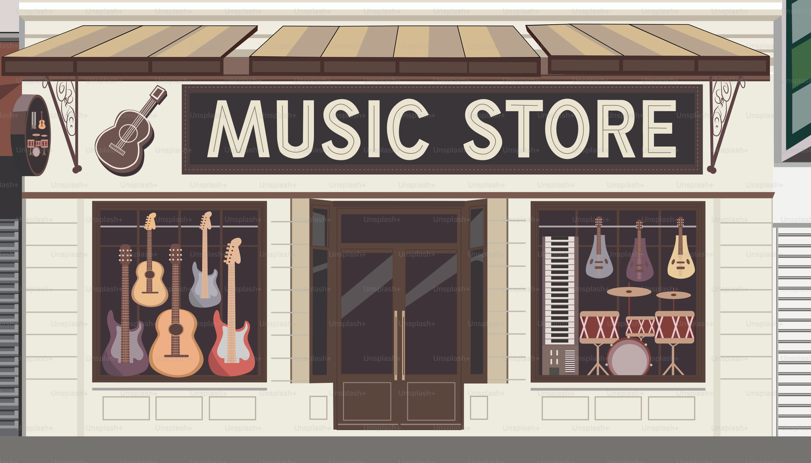 Una tienda de música con guitarras colgadas delante