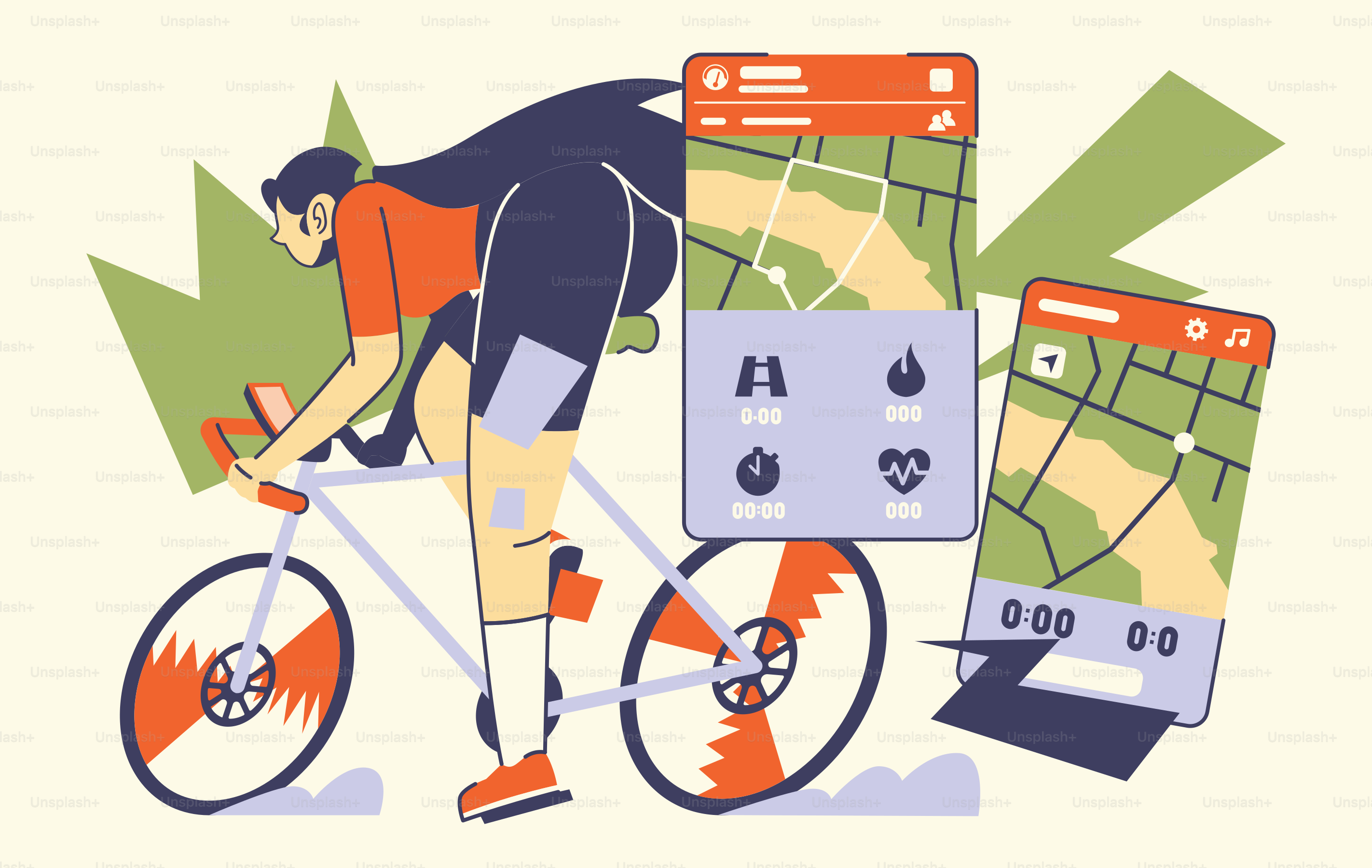 A man riding a bike down a street next to a map