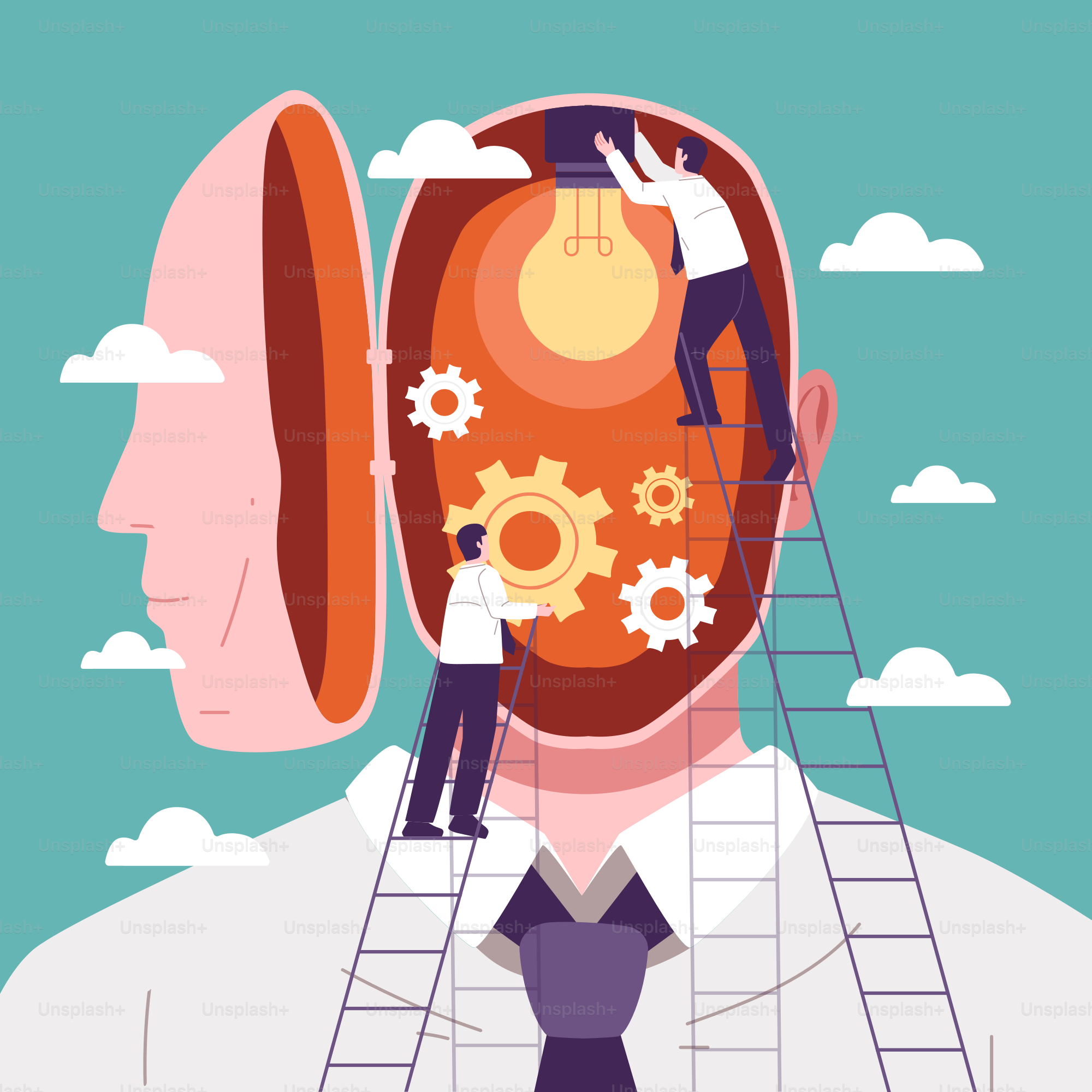 A man standing on top of a ladder next to a giant head