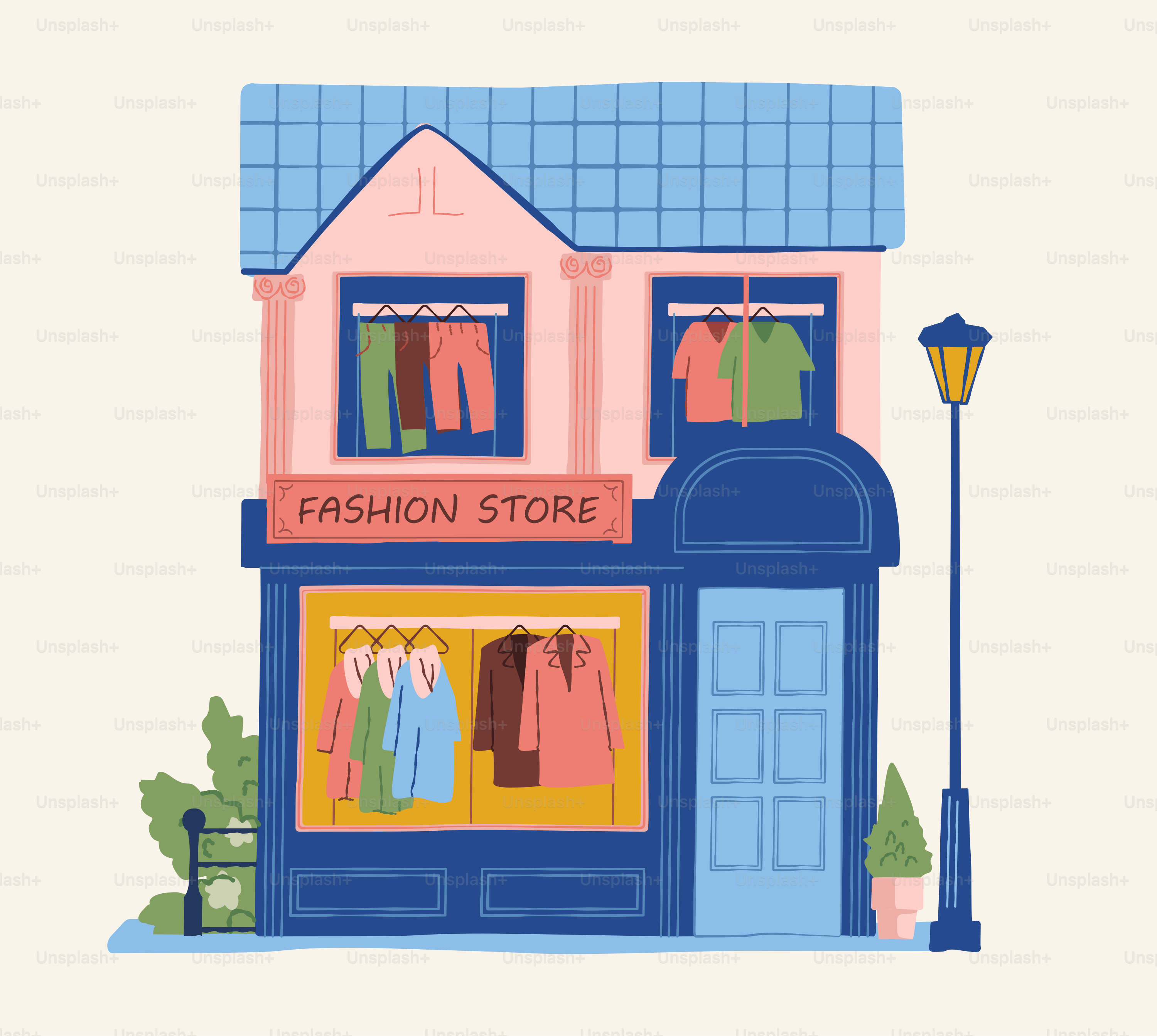 An illustration of a clothing store on a street corner