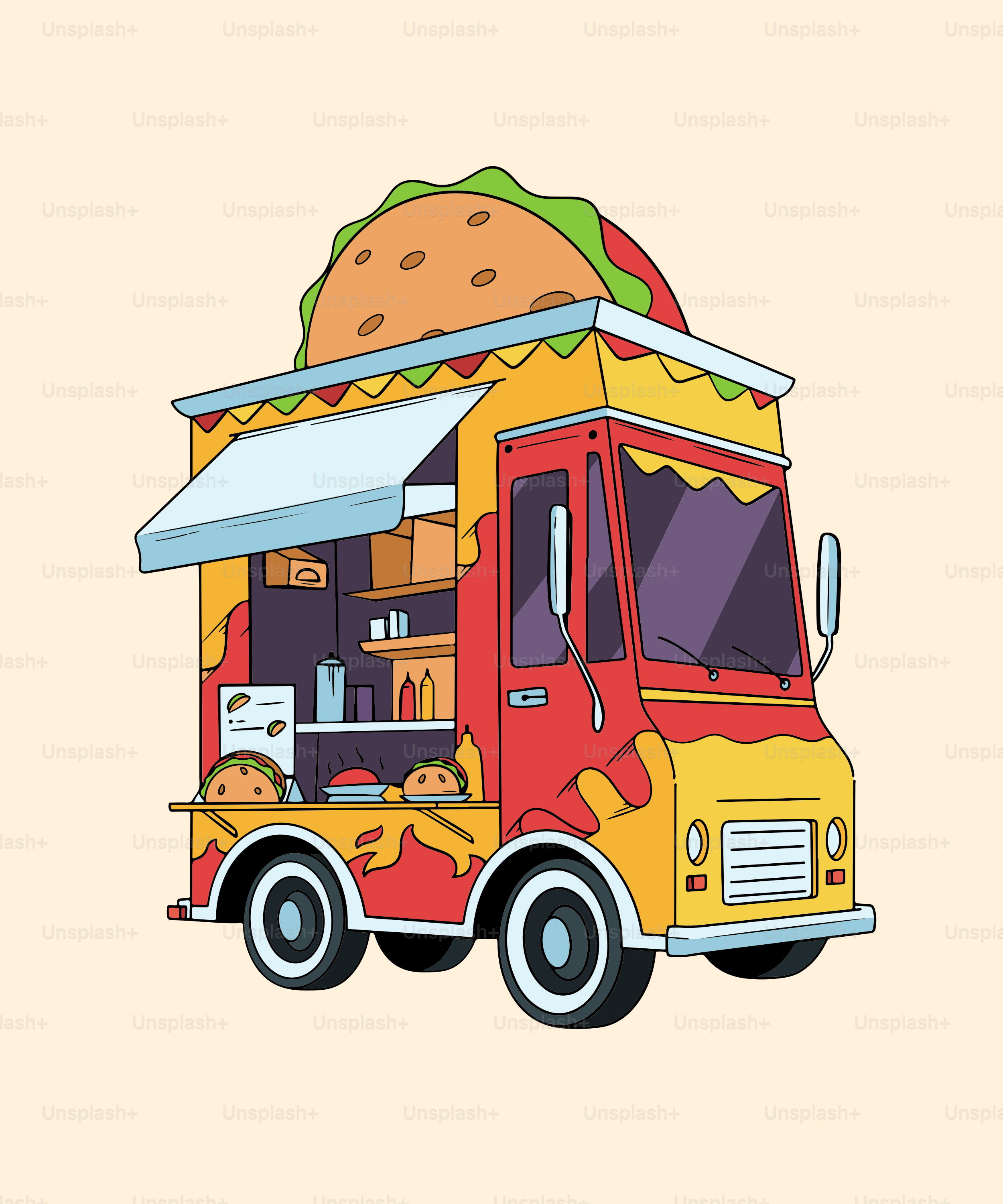 A food truck with a hamburger on top of it