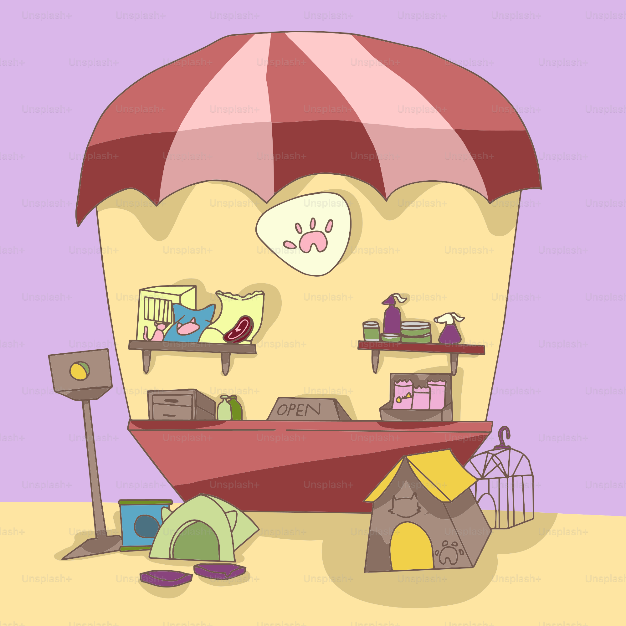 A cartoon picture of a room with shelves and a tent