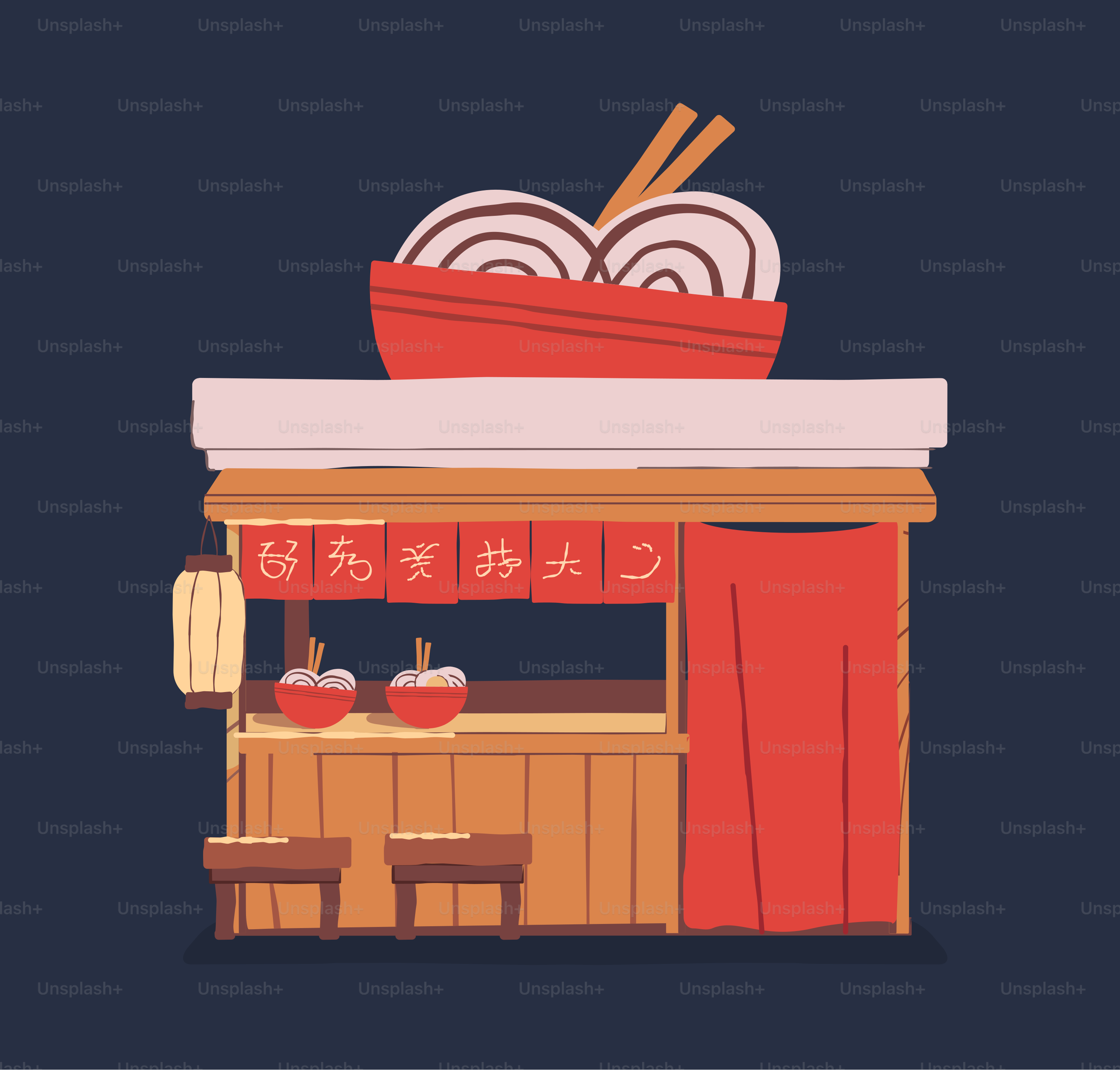 An illustration of a food stand with asian writing on it