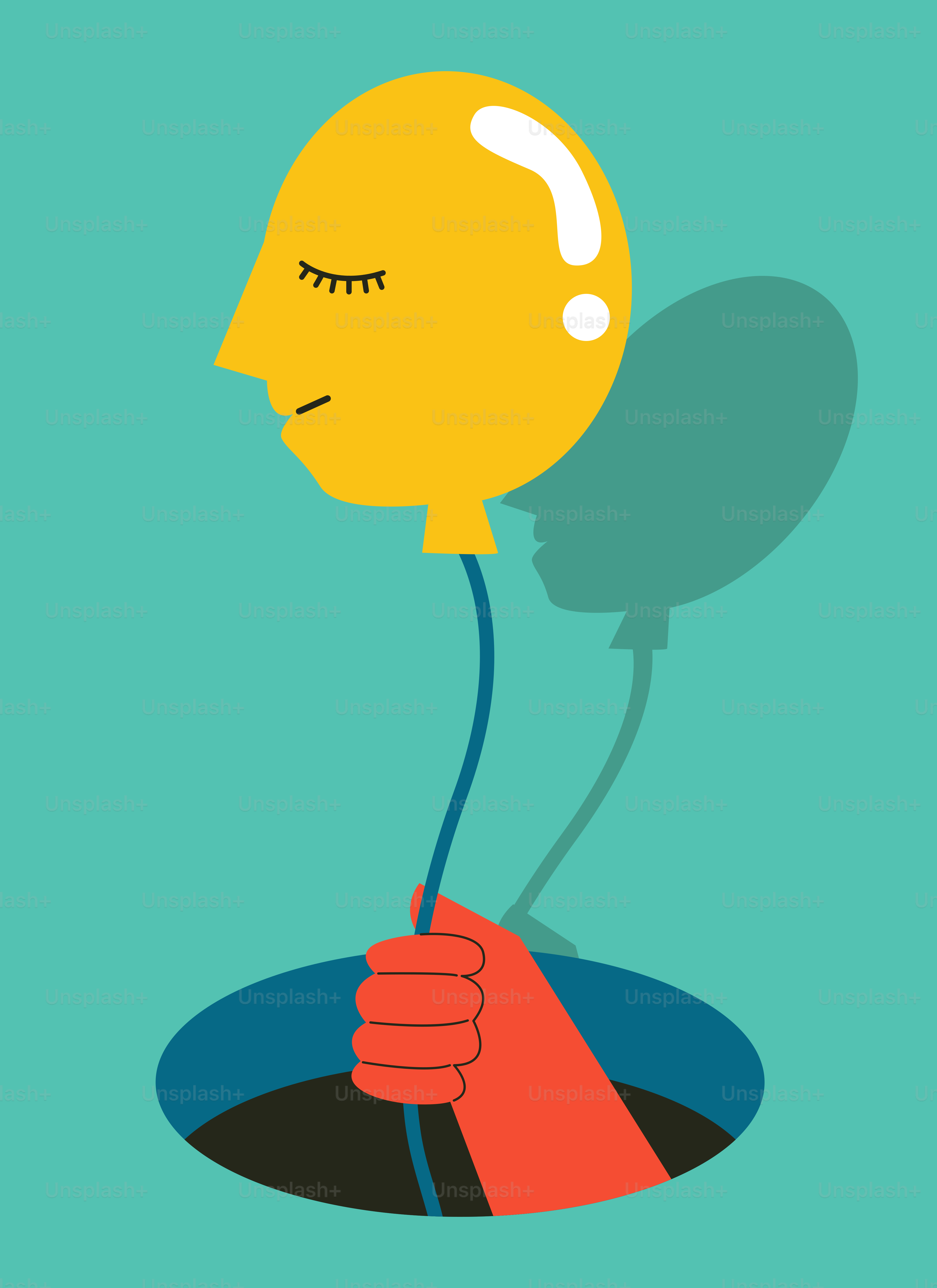 A person holding a balloon in the shape of a head