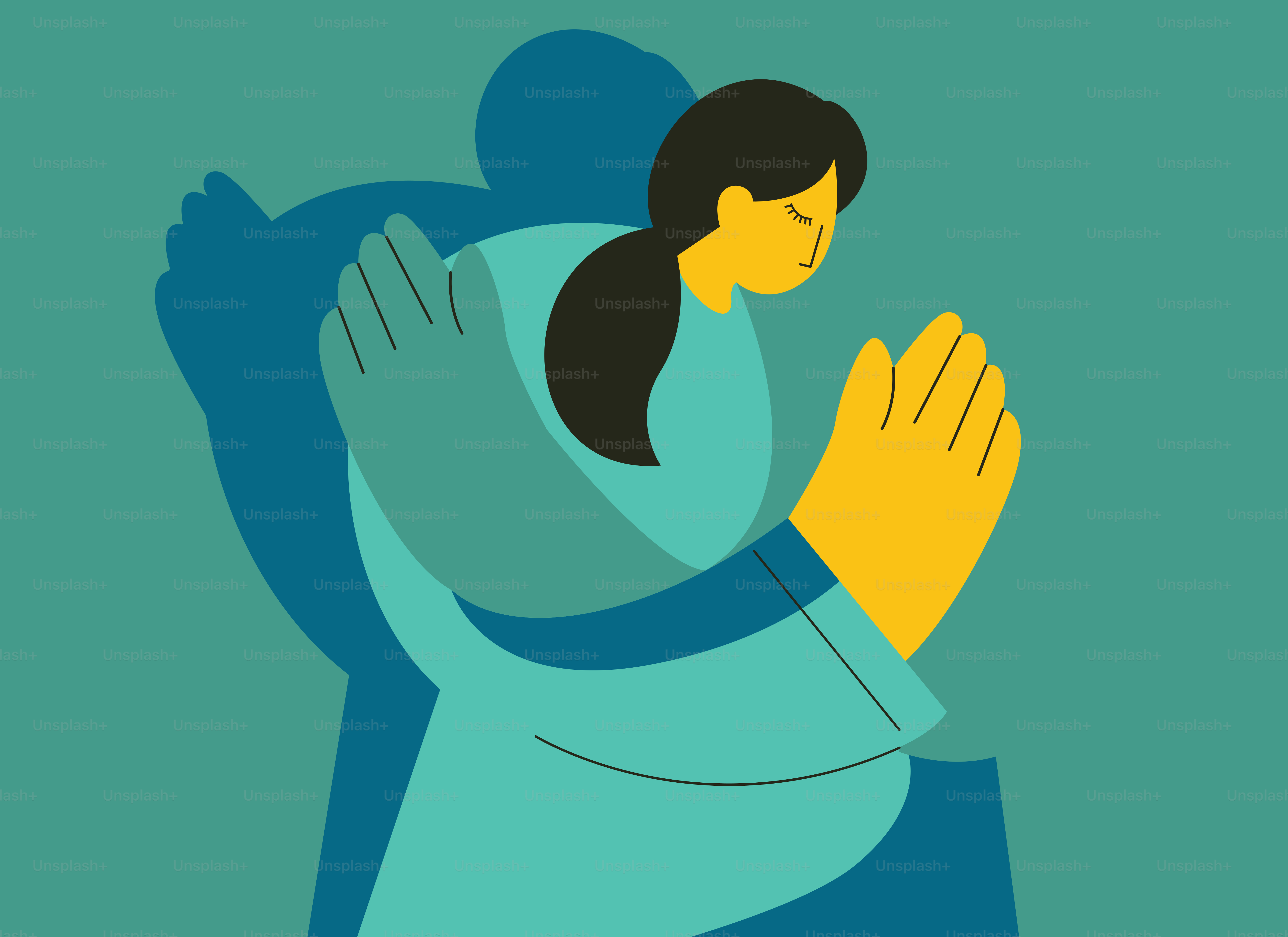 Una donna con un abito blu sta pregando