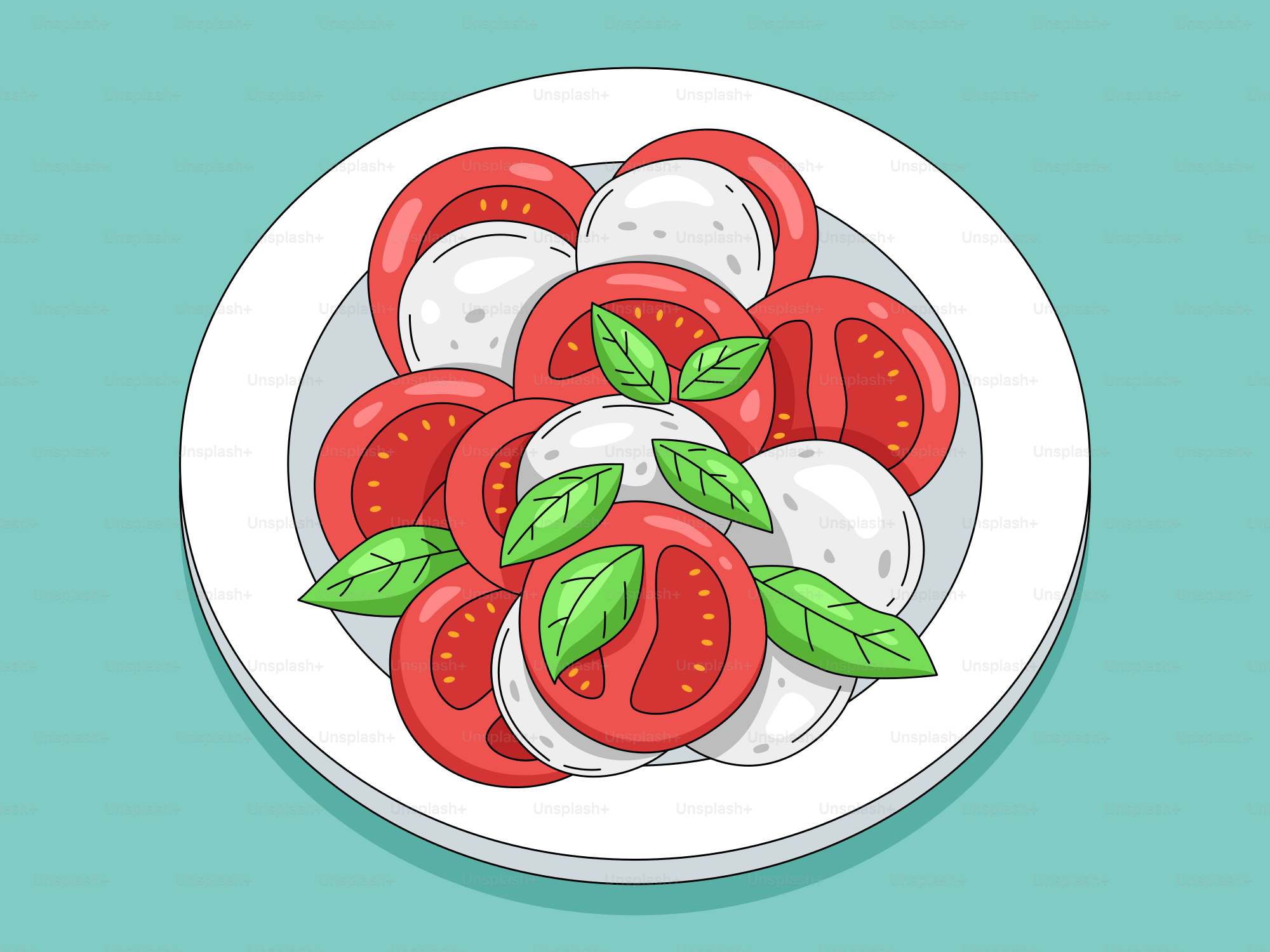 A plate of tomatoes and mozzarella on a blue background