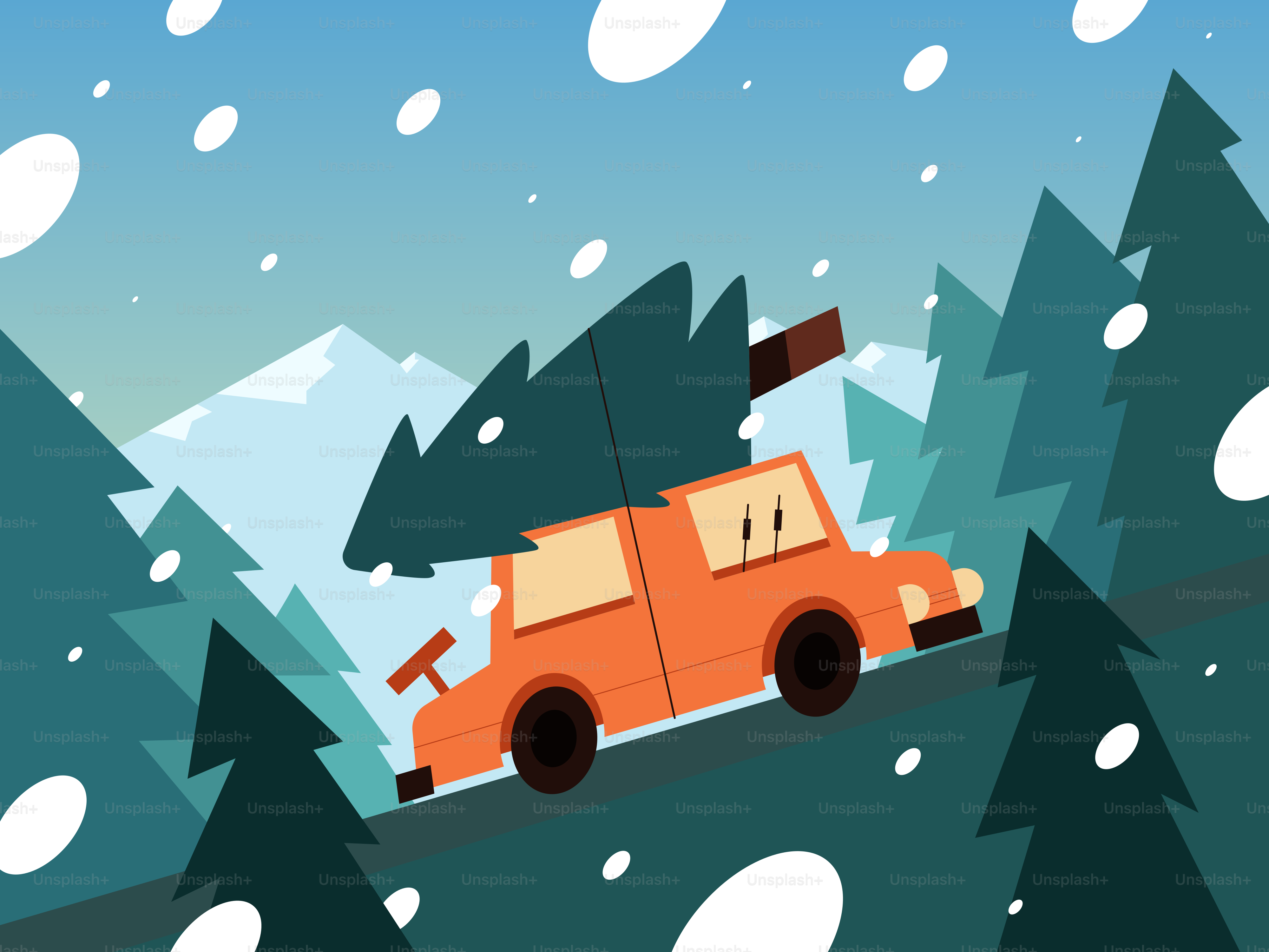 An orange car with a christmas tree on top of it