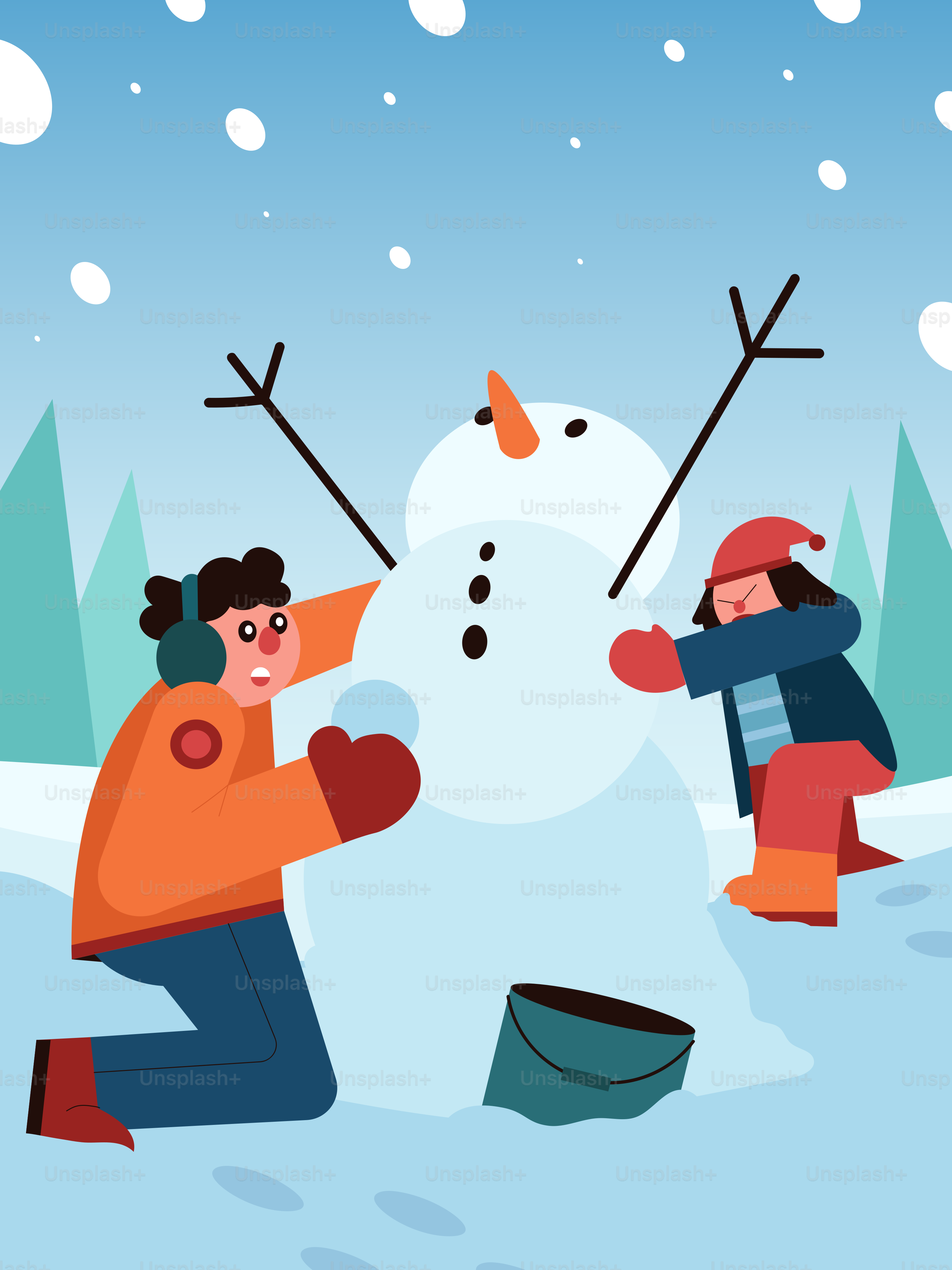 Two children building a snowman in the snow