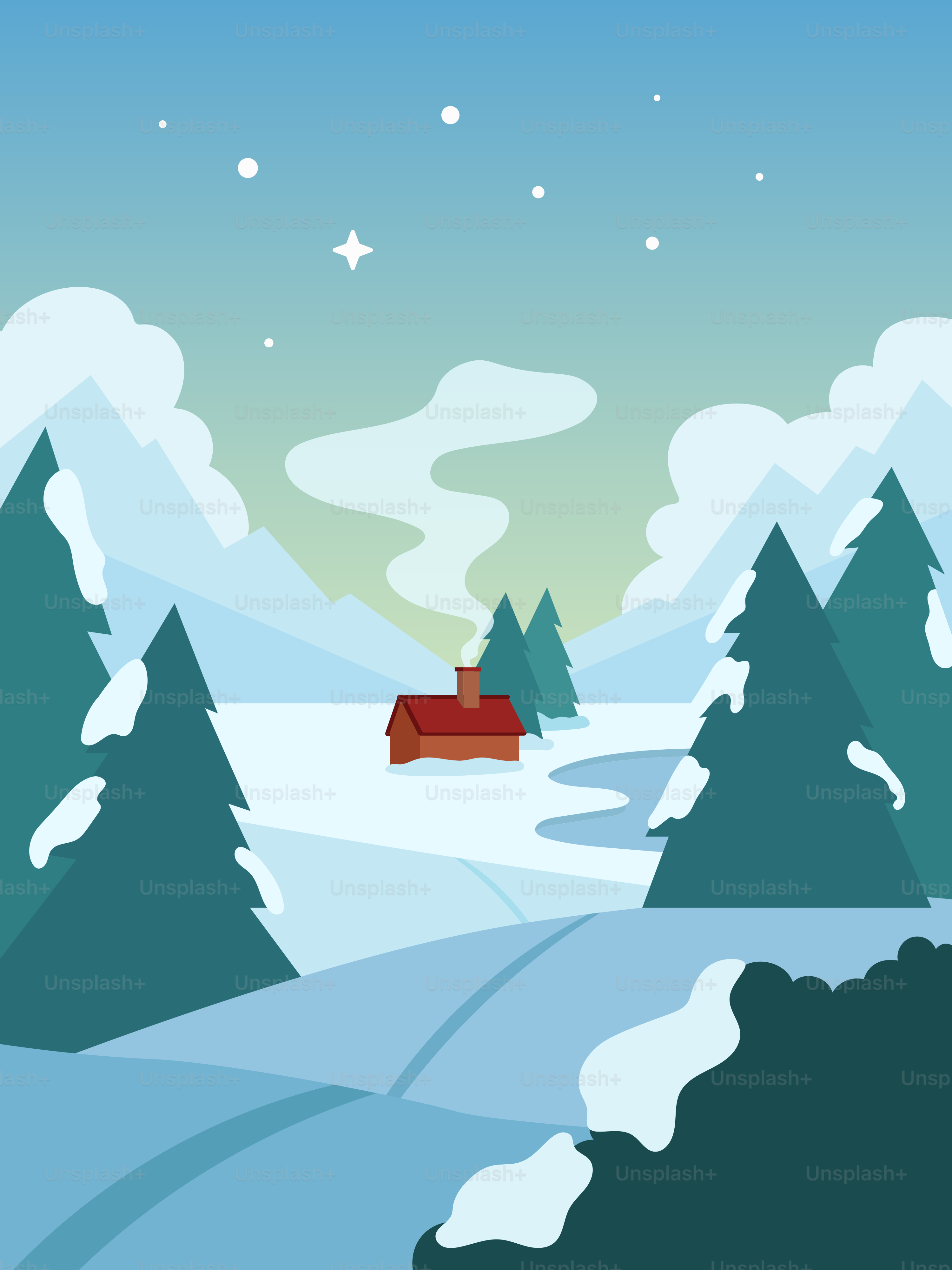 Eine verschneite Landschaft mit Bäumen und einem Haus