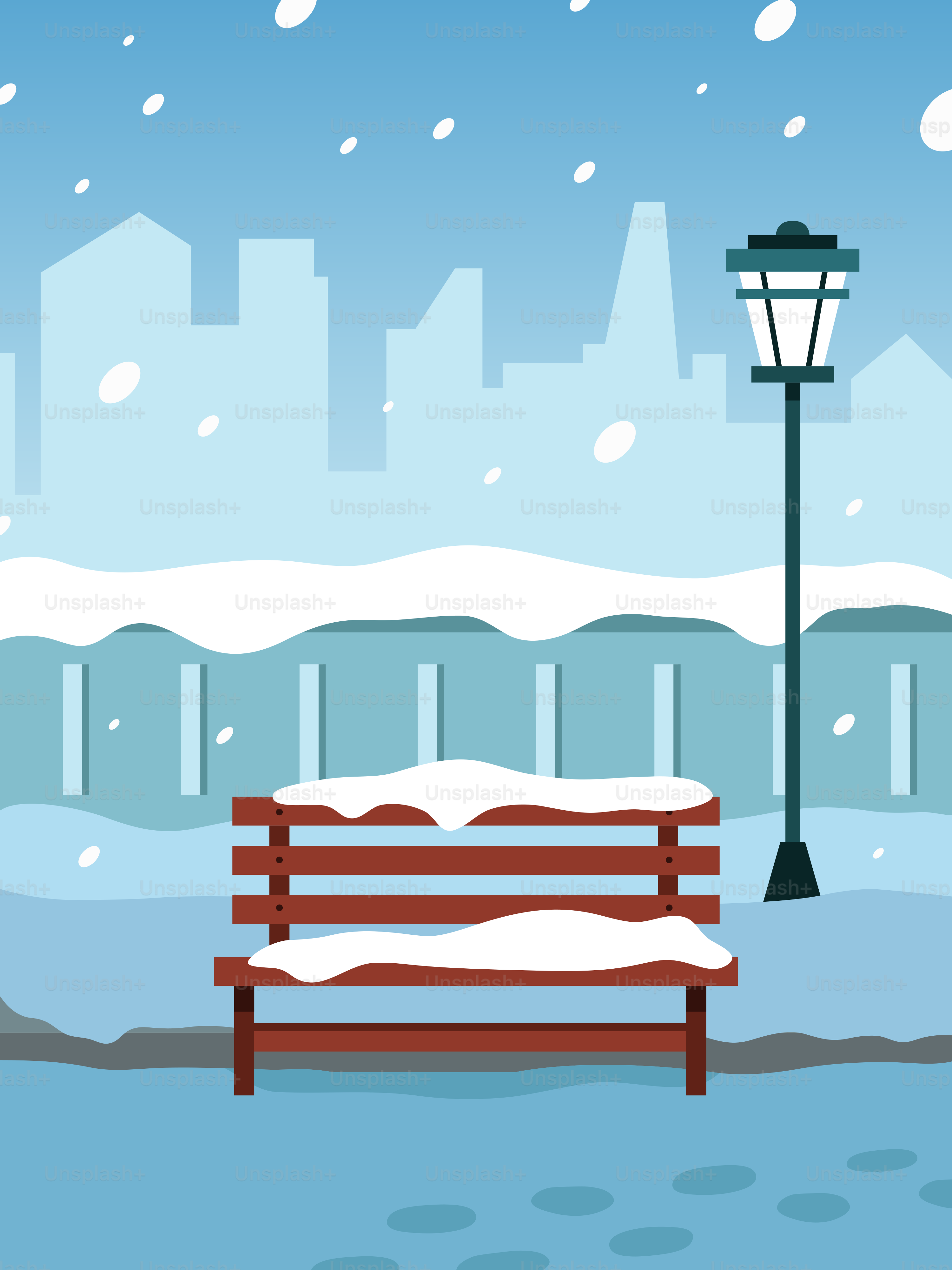 A park bench covered in snow next to a street light