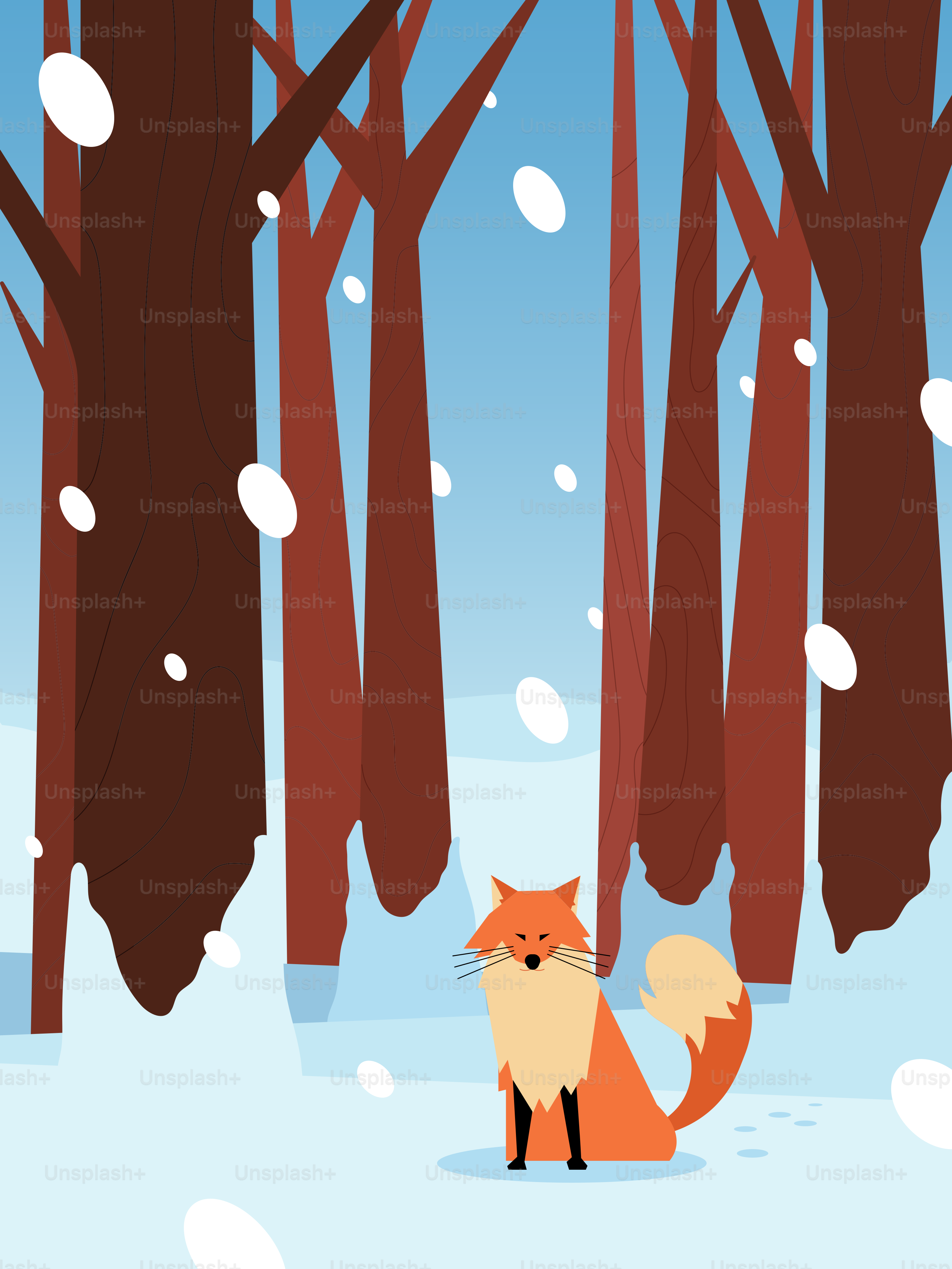 A fox in a snowy forest with trees