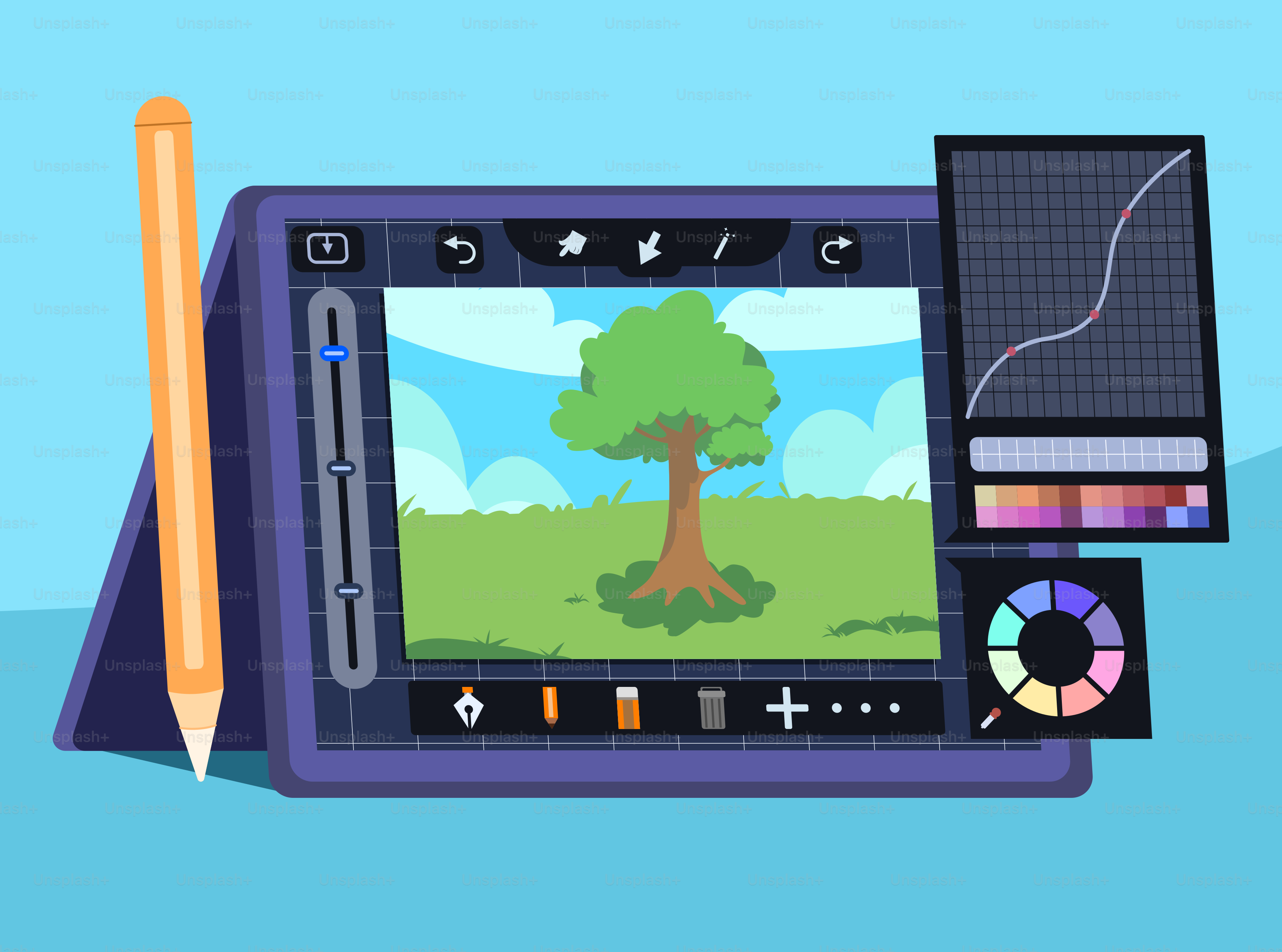 A drawing tablet with a pencil and a picture of a tree