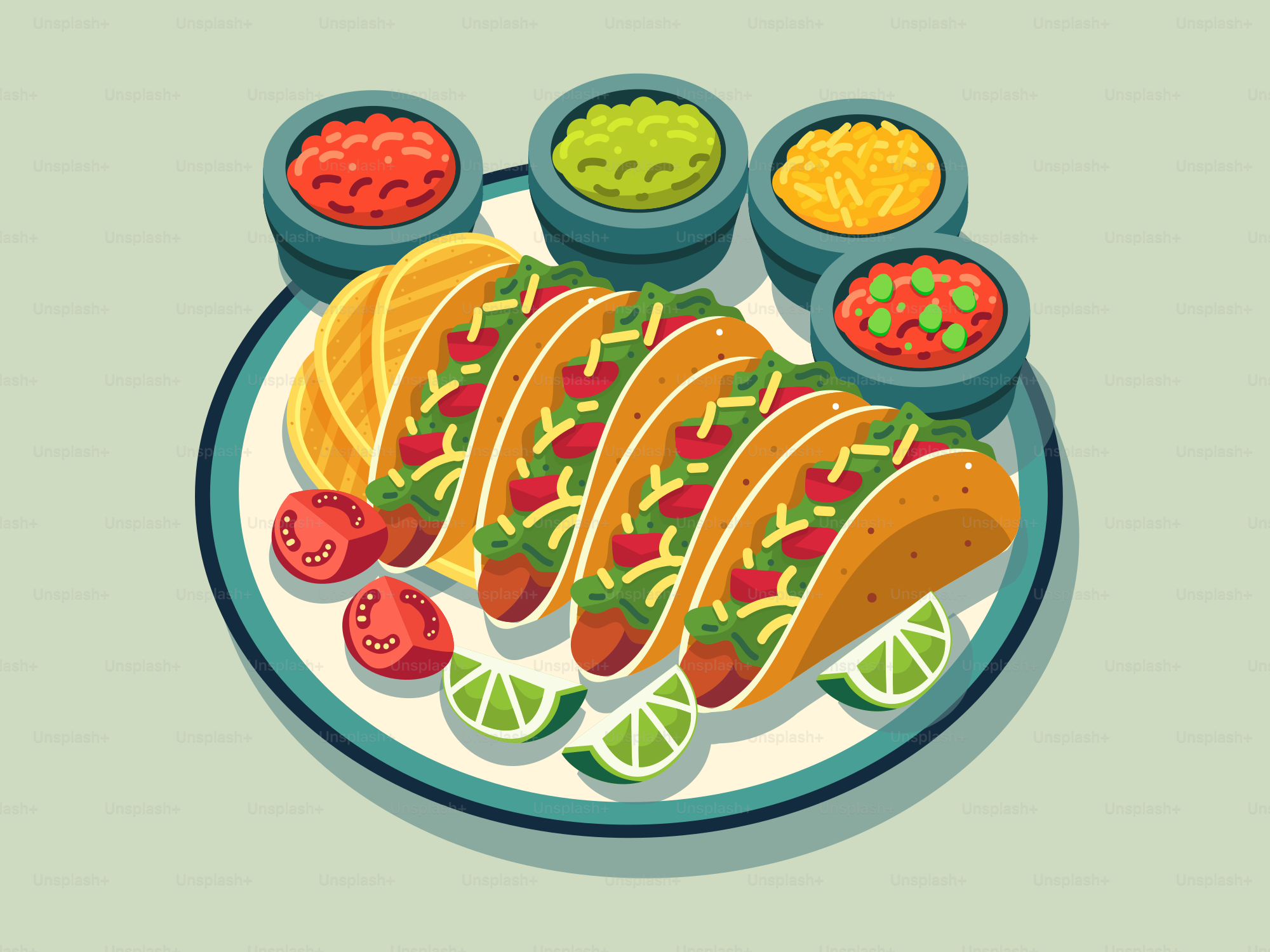 Une assiette garnie de tacos, salsa et guacamole