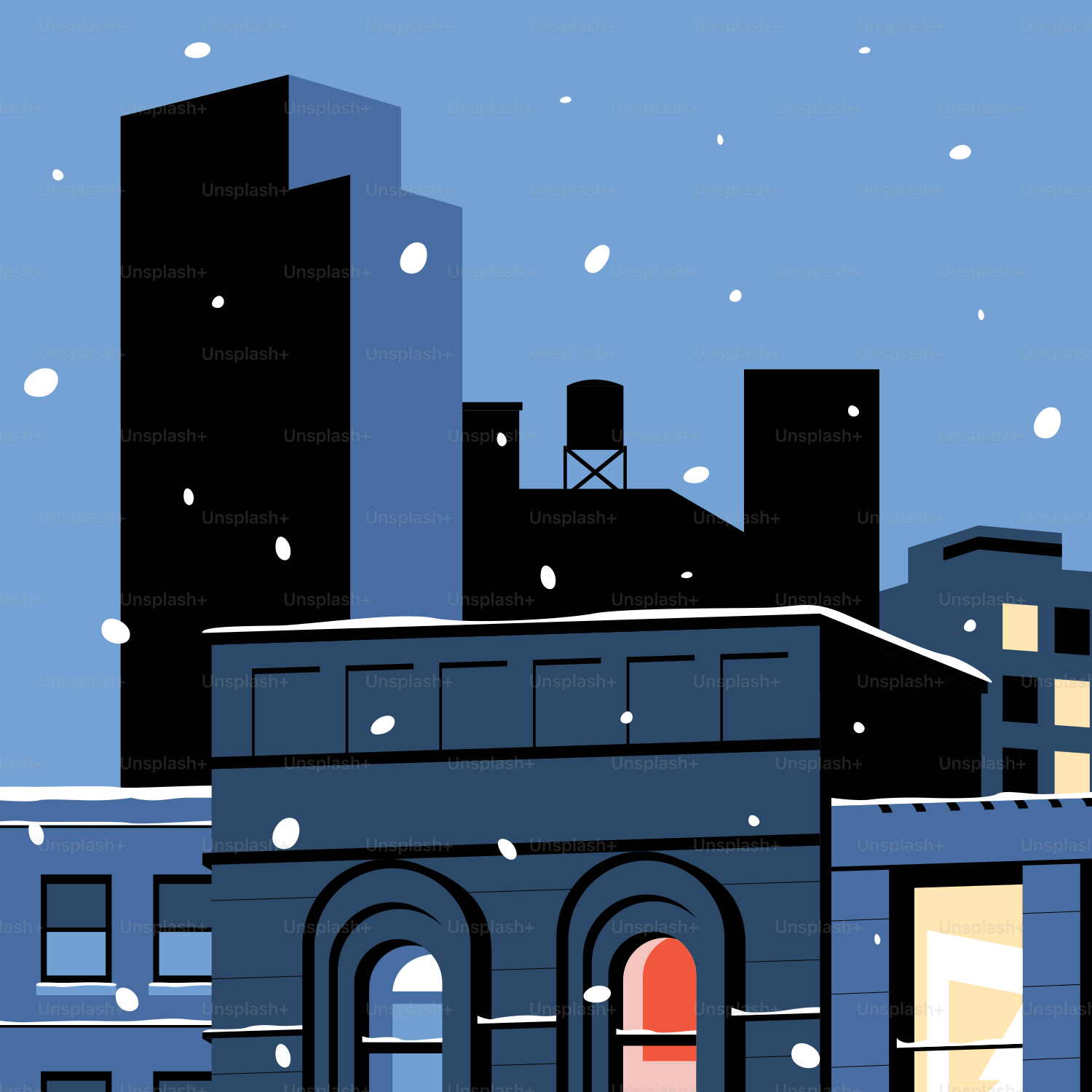 A snowy cityscape with buildings and a red door