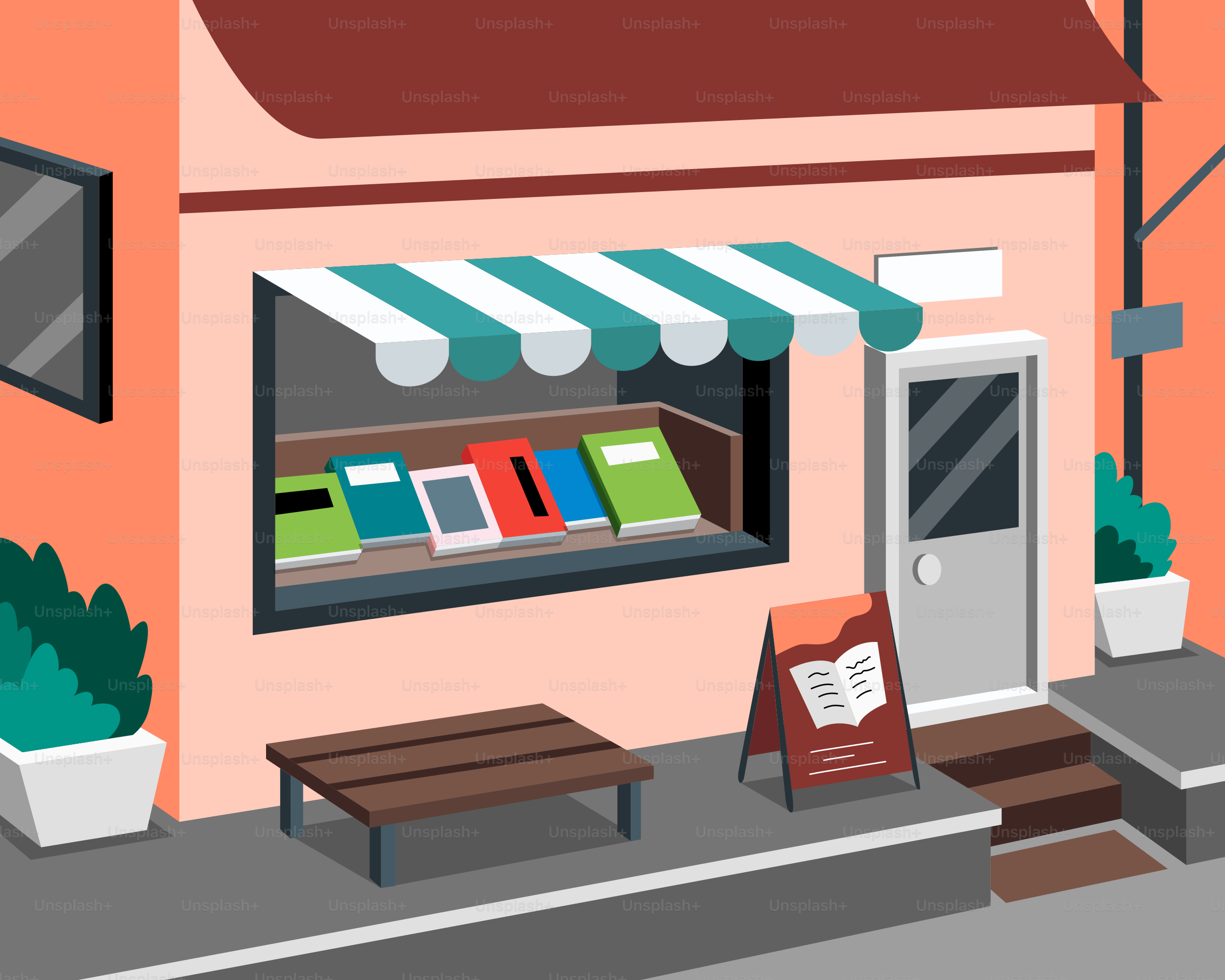 A cartoon of a store front with an awning