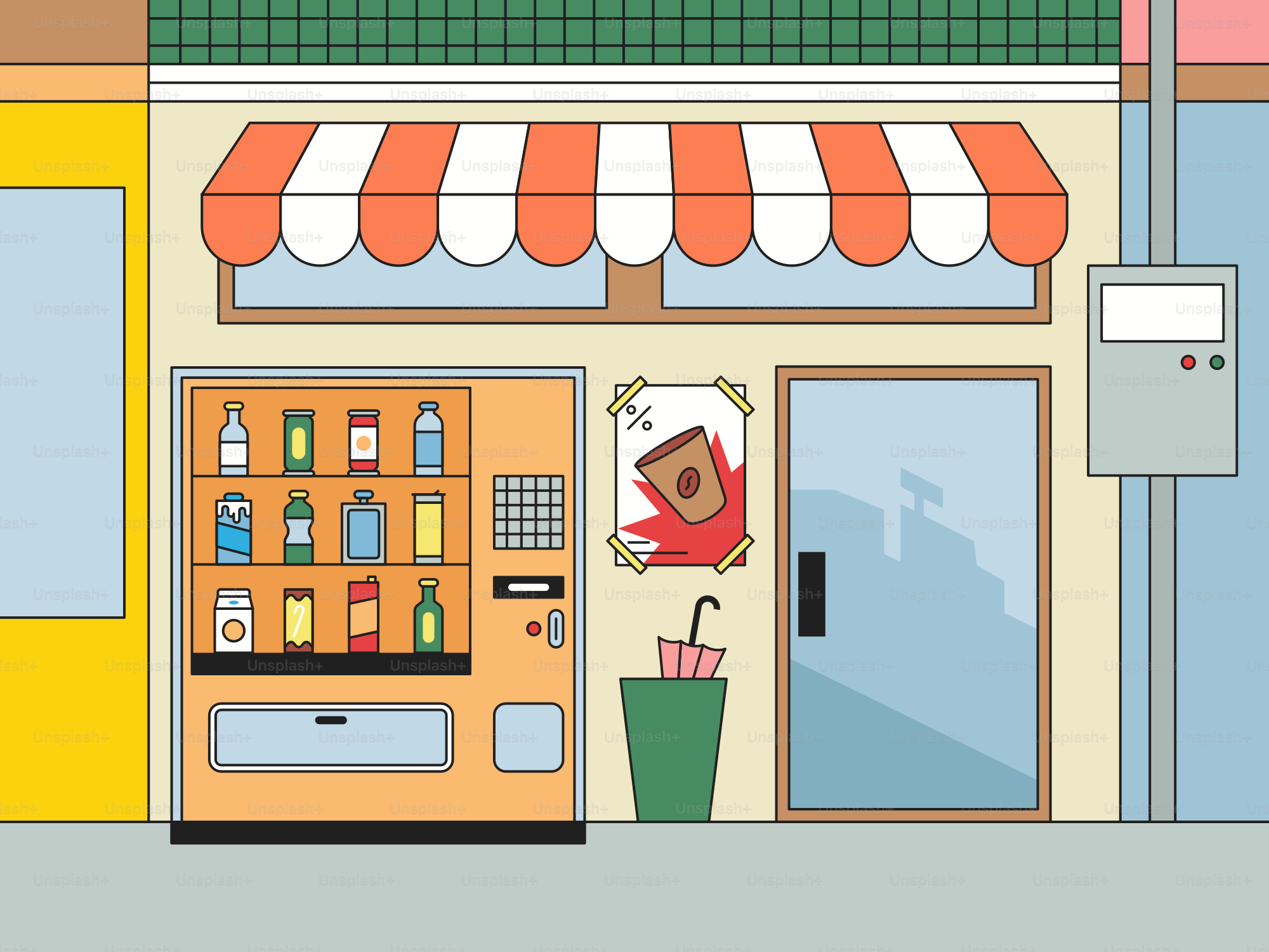 A store front with an orange awning over it