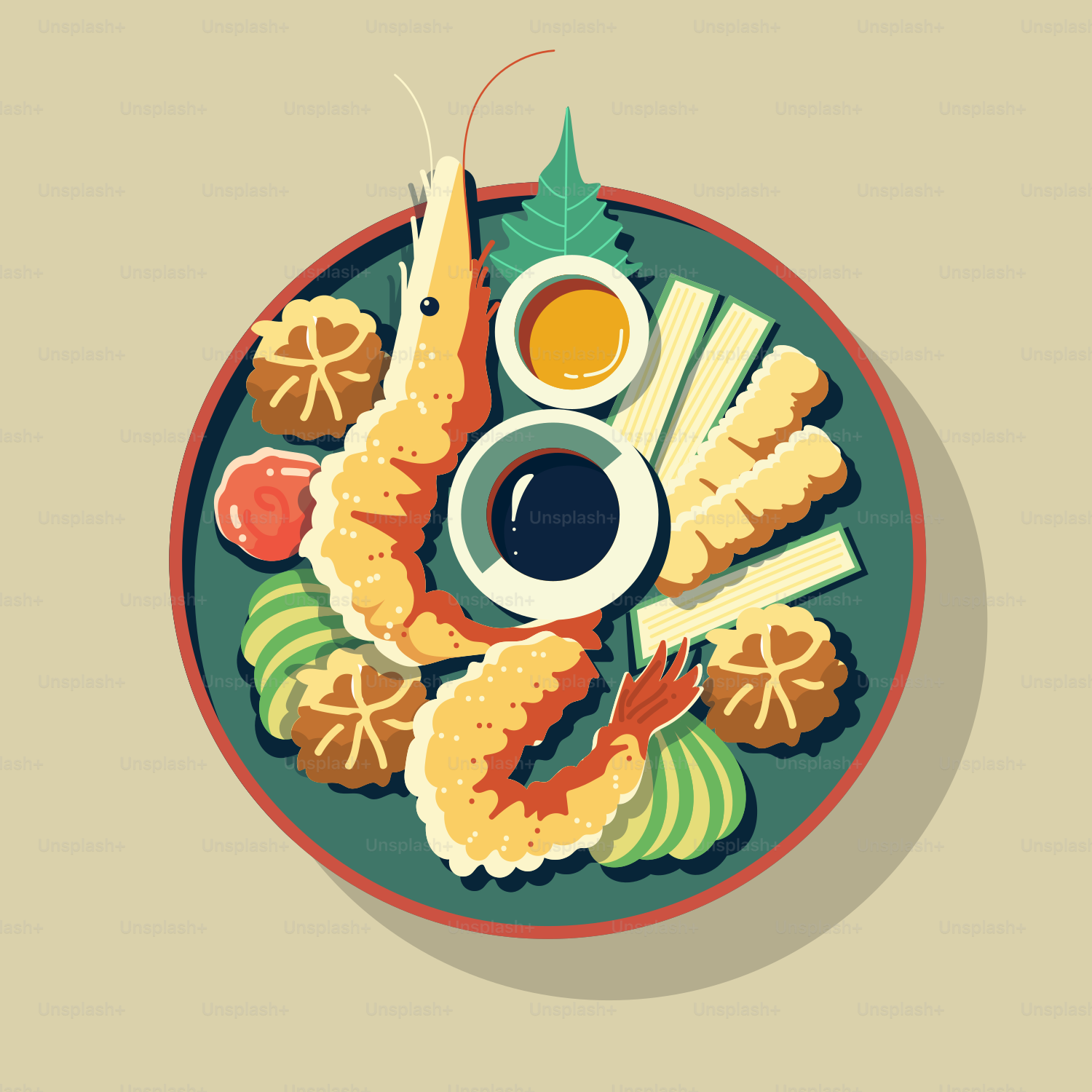 A plate of food with shrimp and other foods