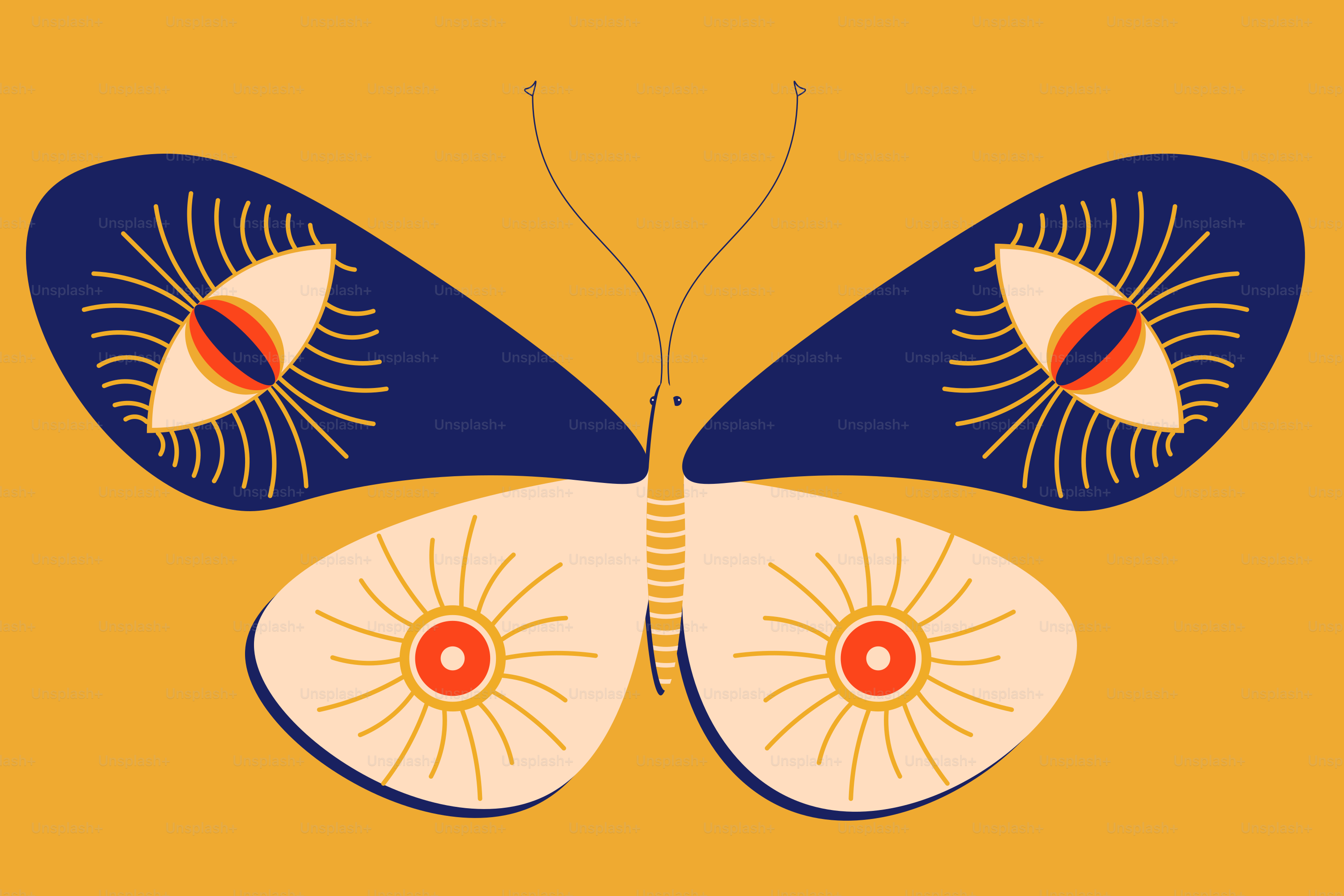 Uma borboleta azul e branca sobre fundo amarelo