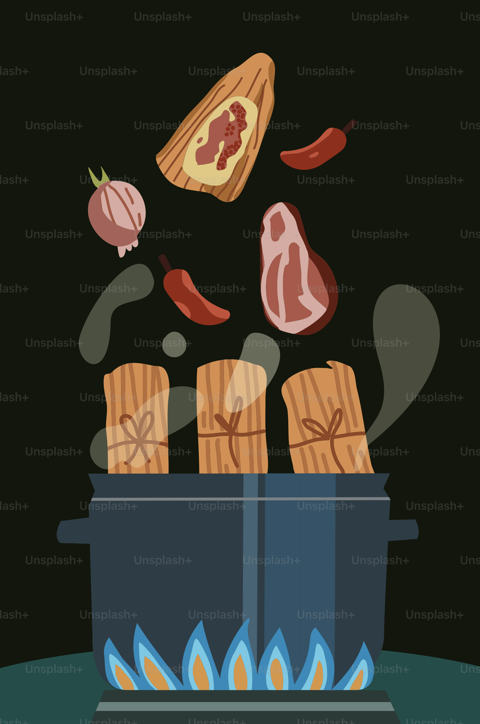 An illustration of a pot full of hot dogs