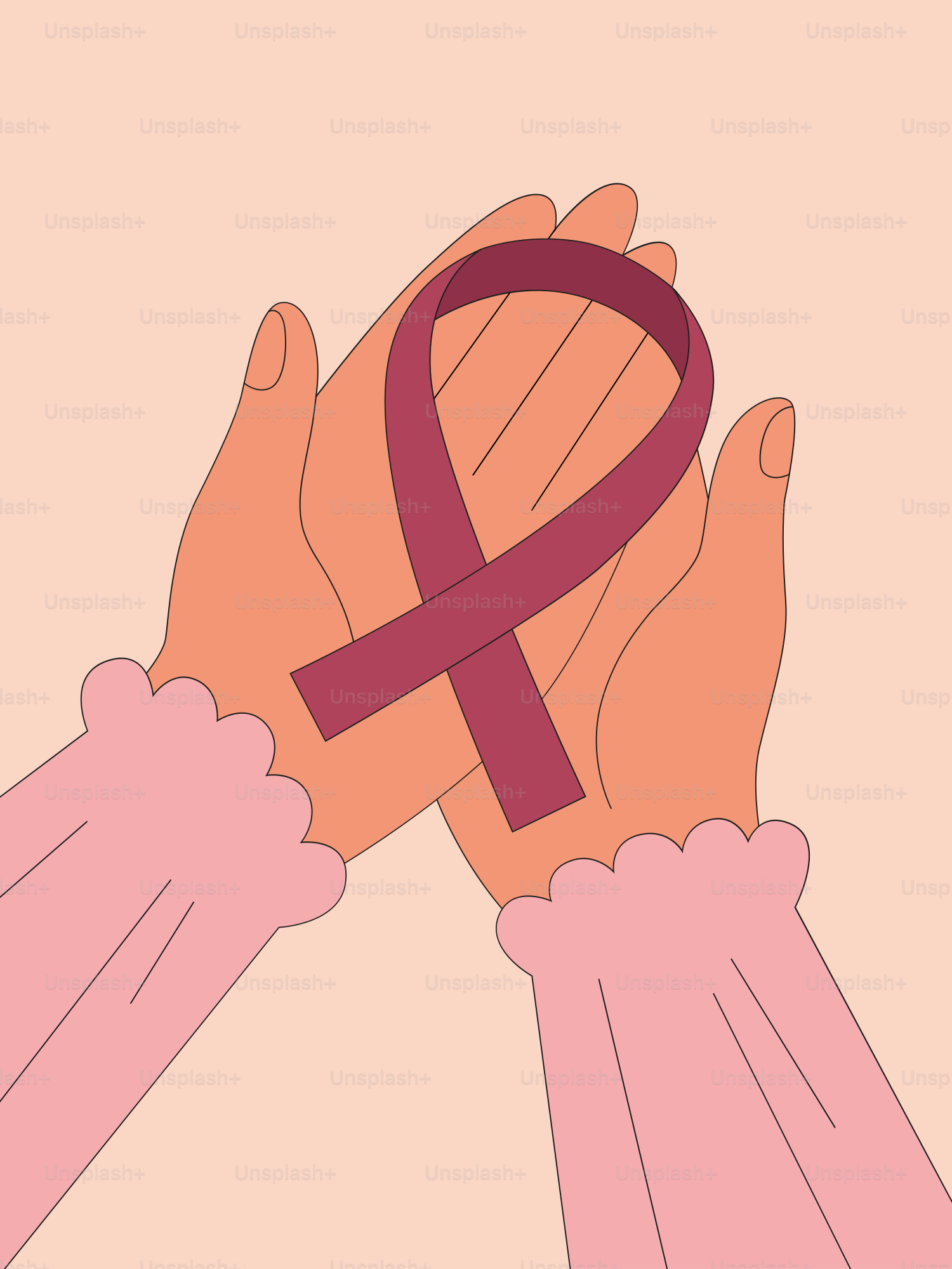 A pair of hands holding a pink ribbon