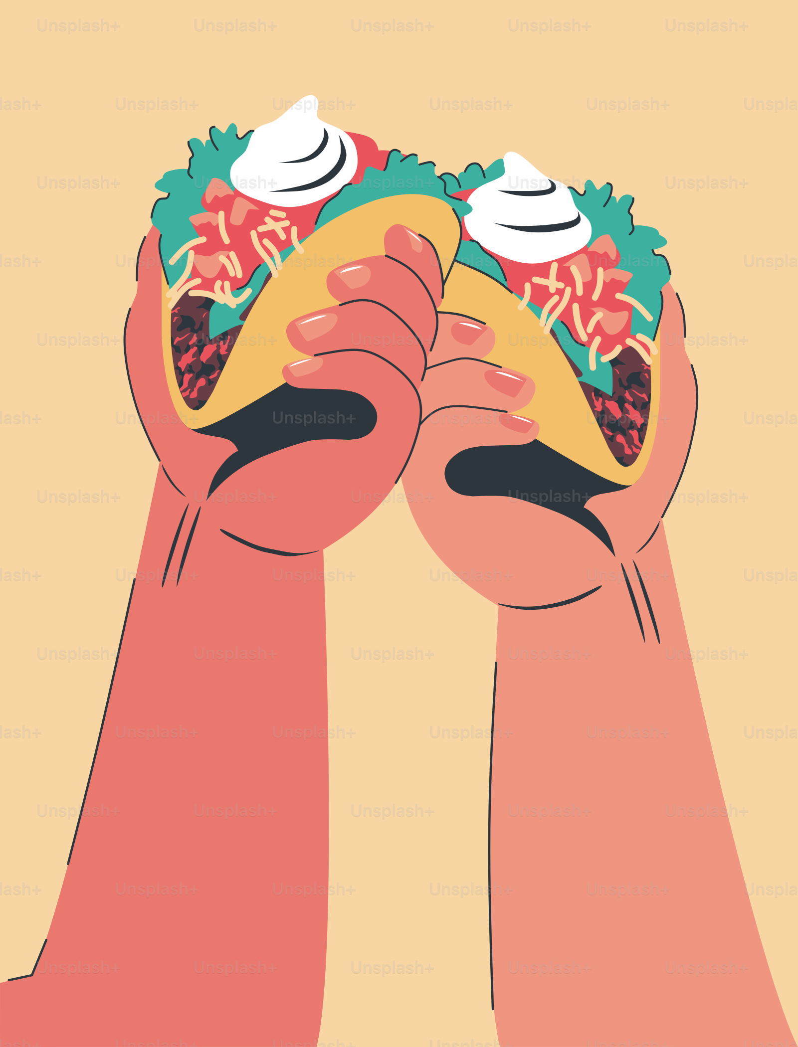 Two hands holding up a taco with toppings
