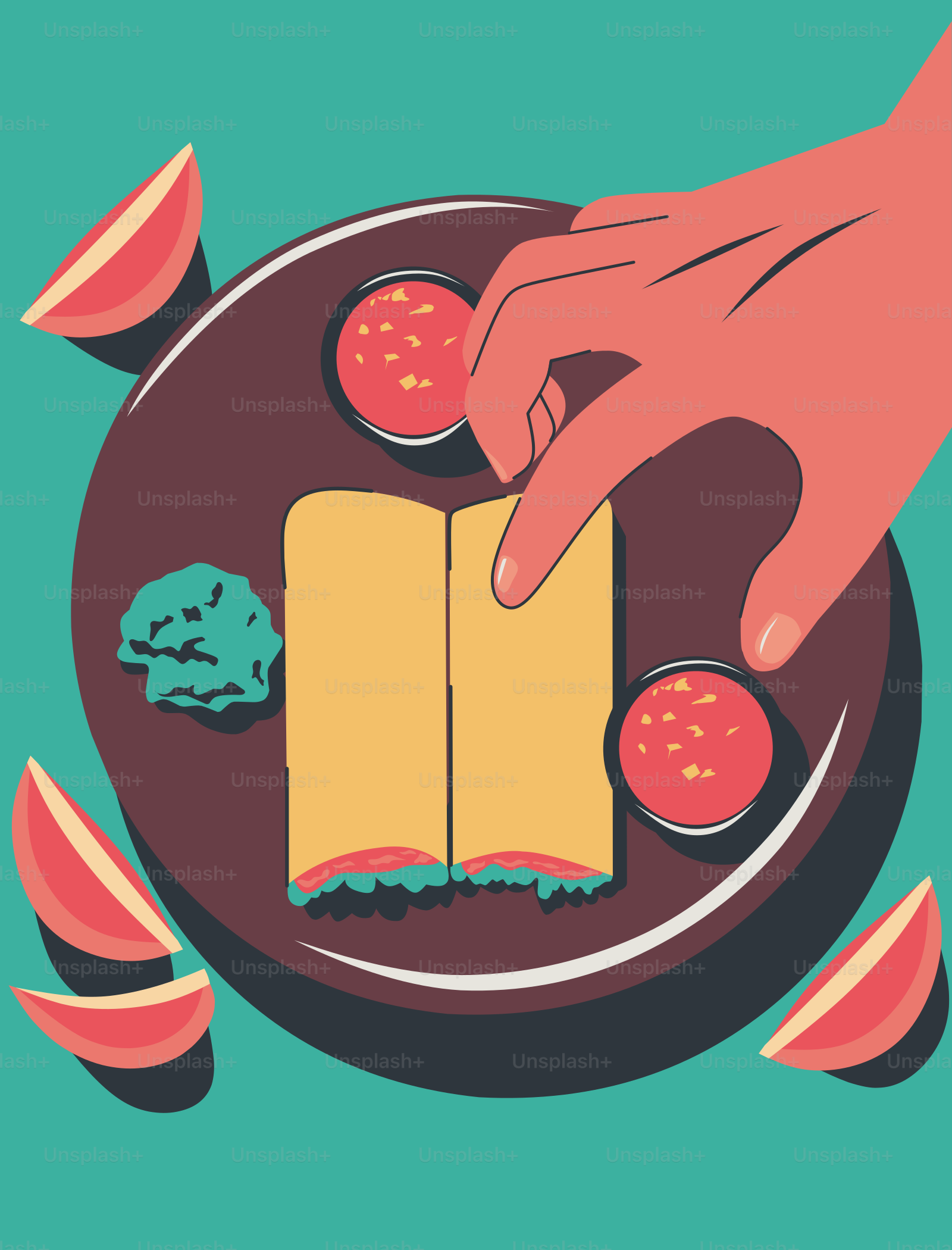 A plate of food with a hand reaching for a piece of food