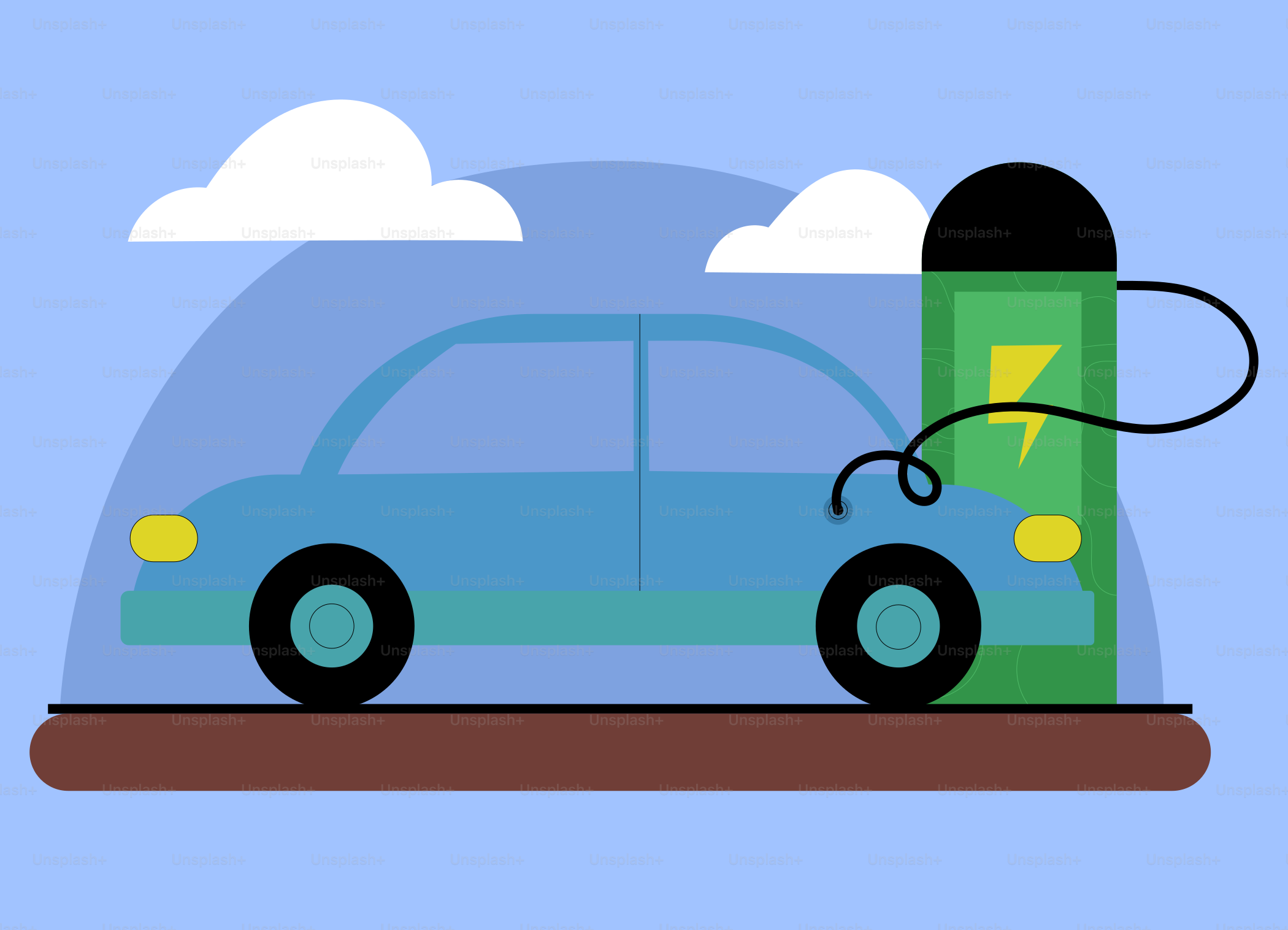 A blue car with an electric charger attached to it