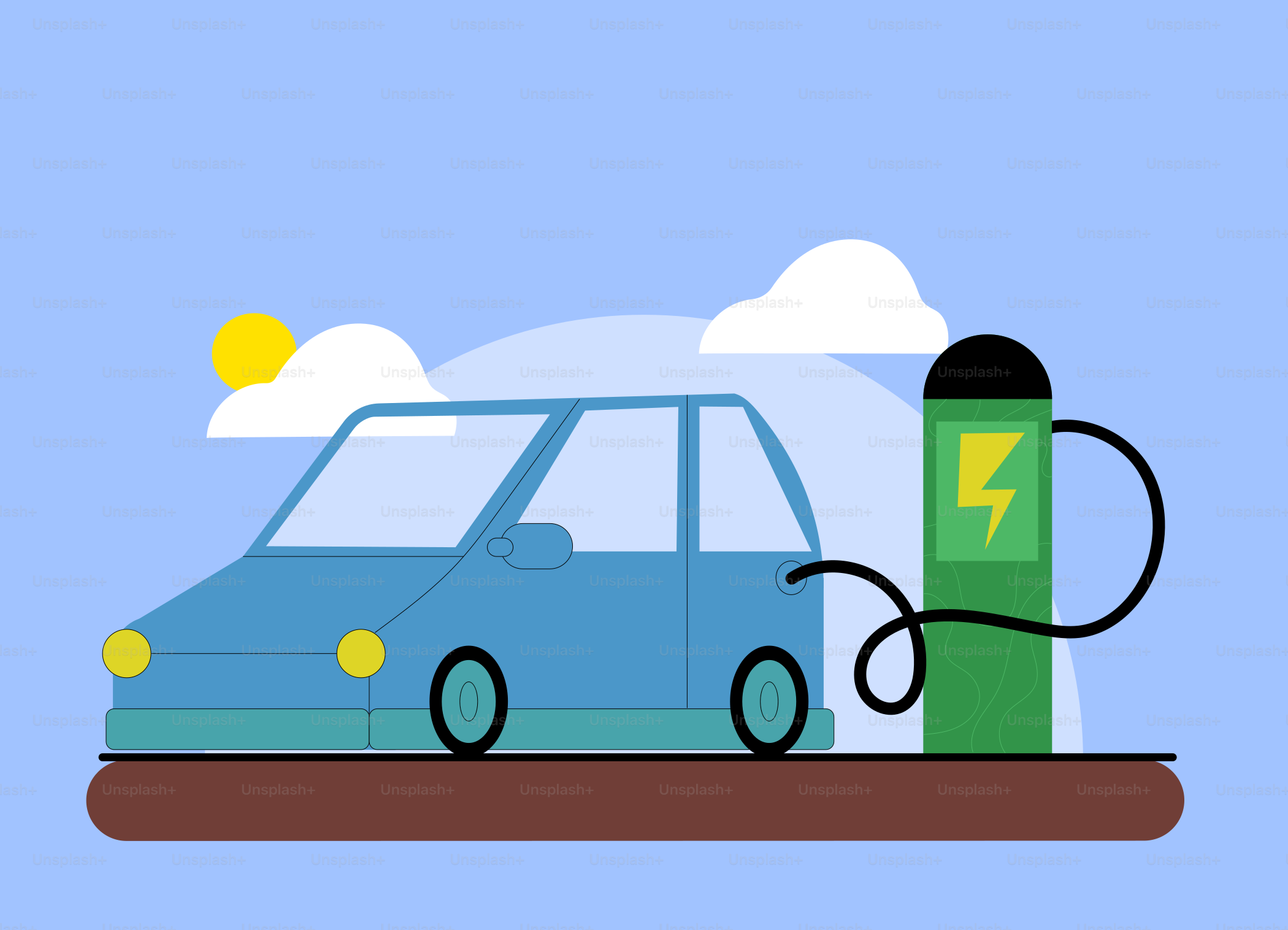 A blue car is plugged into an electric charger